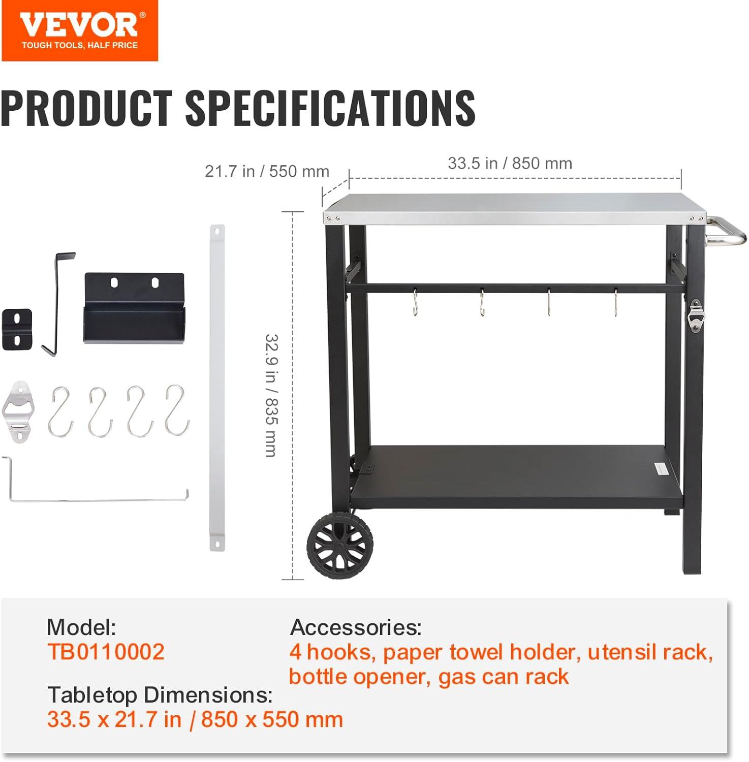 image:imageVEVOR Outdoor Grill Dining Cart with DoubleShelf BBQ Movable Food Prep Table Multifunctional Stainless Steel Table Top Portable Modular Carts for Pizza Oven Worktable with 2 Wheels Carry HandleStainless Steel Table Top