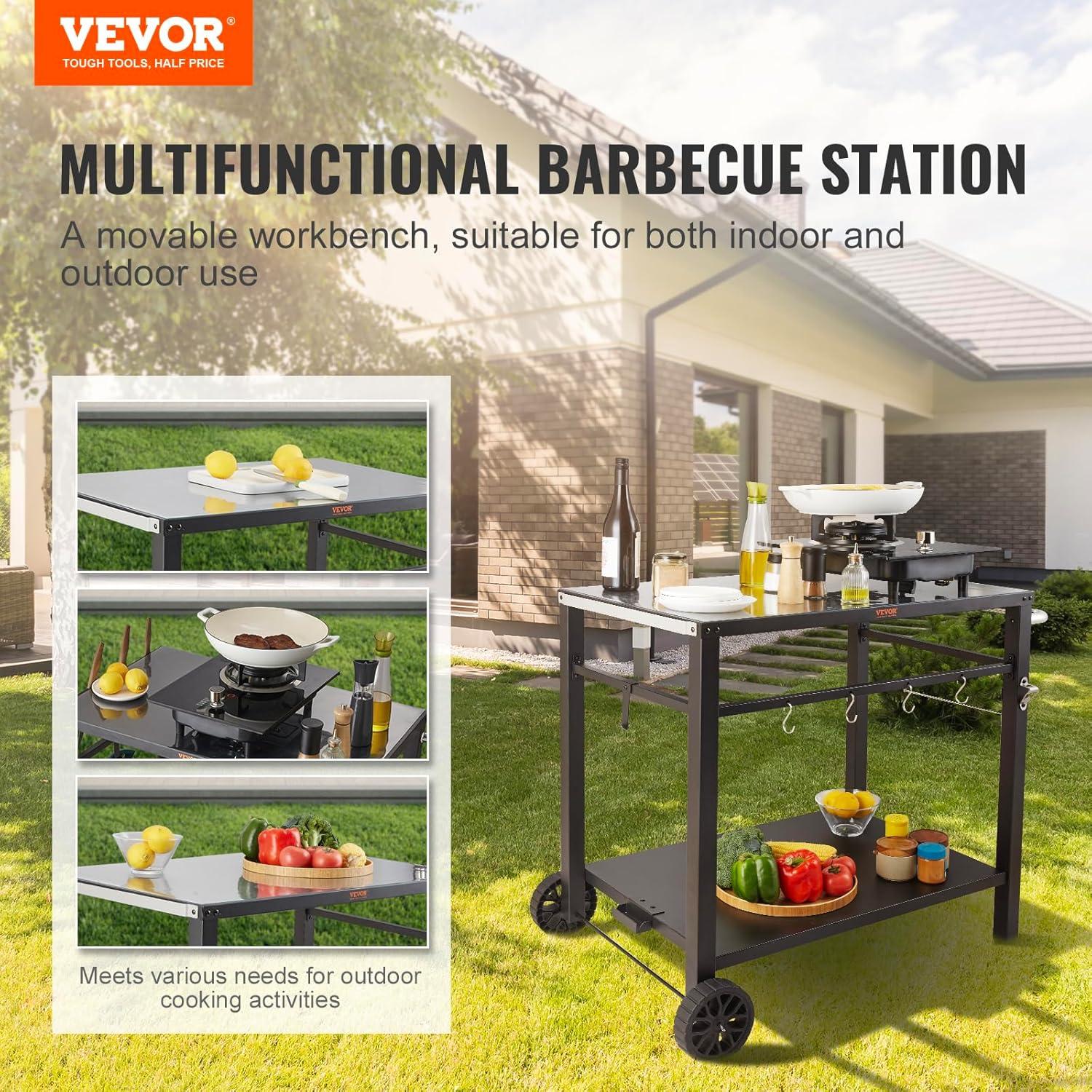 image:imageVEVOR Outdoor Grill Dining Cart with DoubleShelf BBQ Movable Food Prep Table Multifunctional Stainless Steel Table Top Portable Modular Carts for Pizza Oven Worktable with 2 Wheels Carry HandleIron Table Top