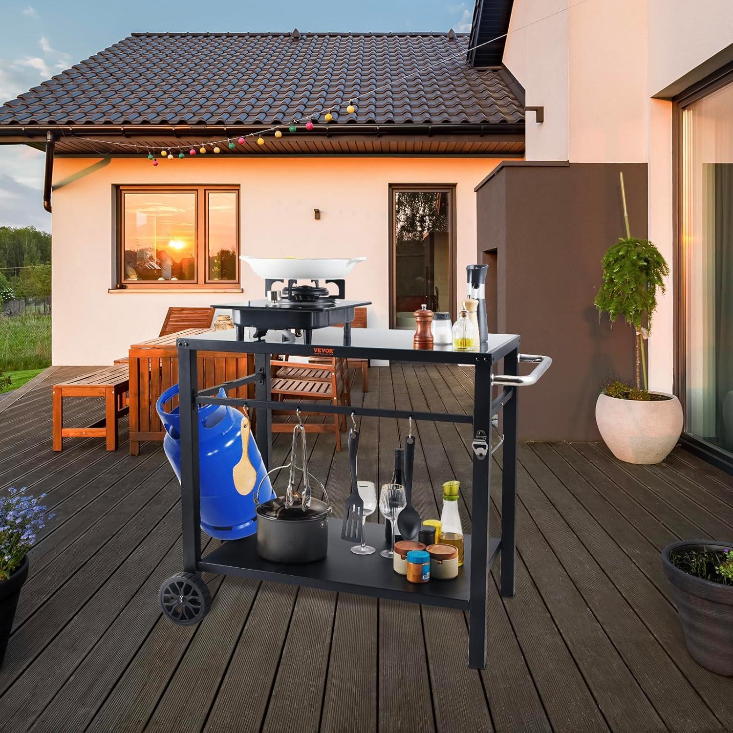 image:imageVEVOR Outdoor Grill Dining Cart with DoubleShelf BBQ Movable Food Prep Table Multifunctional Stainless Steel Table Top Portable Modular Carts for Pizza Oven Worktable with 2 Wheels Carry HandleIron Table Top