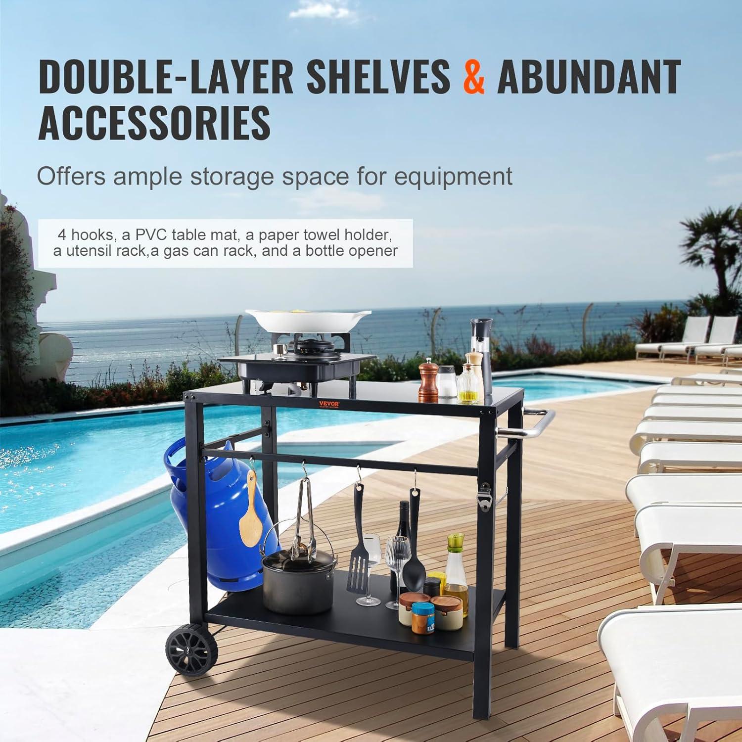 image:imageVEVOR Outdoor Grill Dining Cart with DoubleShelf BBQ Movable Food Prep Table Multifunctional Stainless Steel Table Top Portable Modular Carts for Pizza Oven Worktable with 2 Wheels Carry HandleIron Table Top