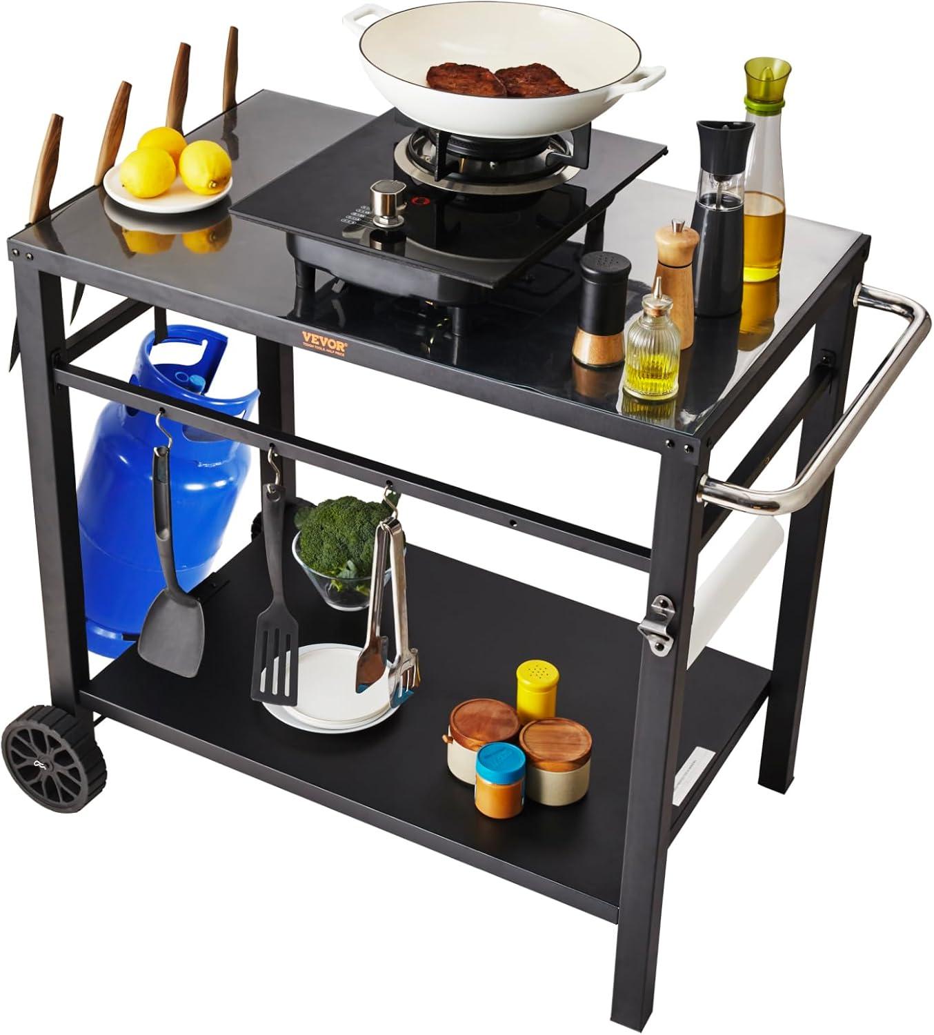 image:imageVEVOR Outdoor Grill Dining Cart with DoubleShelf BBQ Movable Food Prep Table Multifunctional Stainless Steel Table Top Portable Modular Carts for Pizza Oven Worktable with 2 Wheels Carry HandleIron Table Top