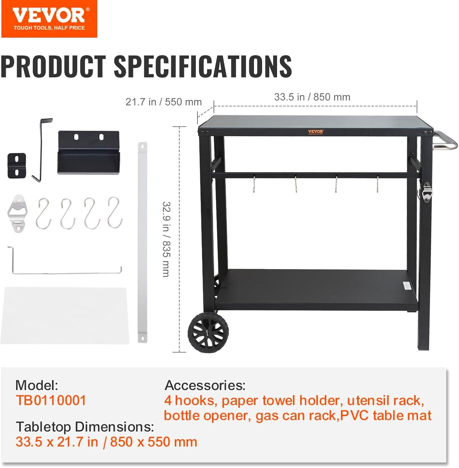 image:imageVEVOR Outdoor Grill Dining Cart with DoubleShelf BBQ Movable Food Prep Table Multifunctional Stainless Steel Table Top Portable Modular Carts for Pizza Oven Worktable with 2 Wheels Carry HandleIron Table Top