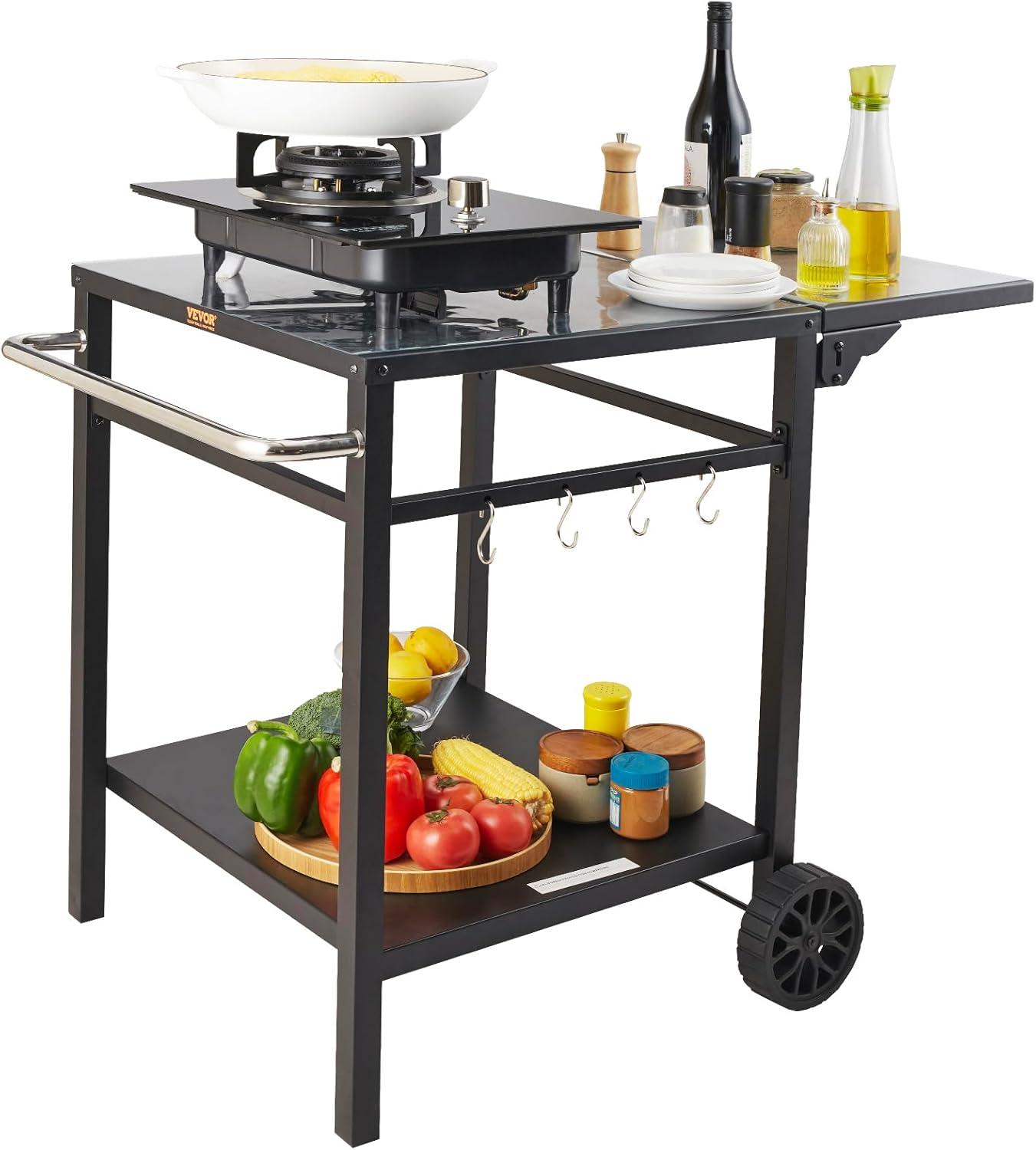 image:imageVEVOR Outdoor Grill Dining Cart with DoubleShelf BBQ Movable Food Prep Table Multifunctional Stainless Steel Table Top Portable Modular Carts for Pizza Oven Worktable with 2 Wheels Carry HandleIron Table Top