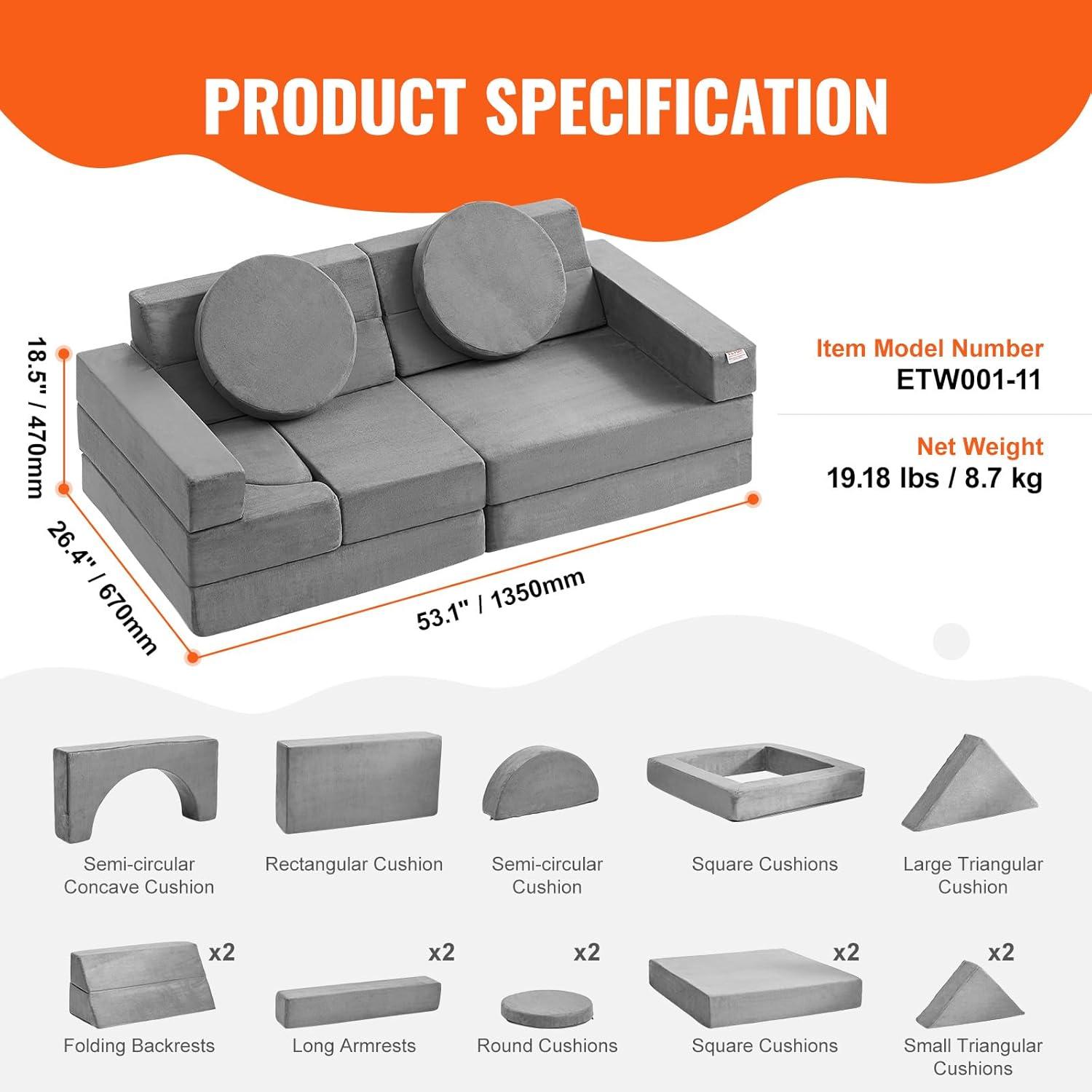 image:imageVEVOR Play Couch Modular Kids Nugget Couch 15pcs Toddler Foam Sofa Couch with HighDensity 25D Sponge for Playing Creating Sleeping Imaginative Kids Furniture for Bedroom and PlayroomModular
