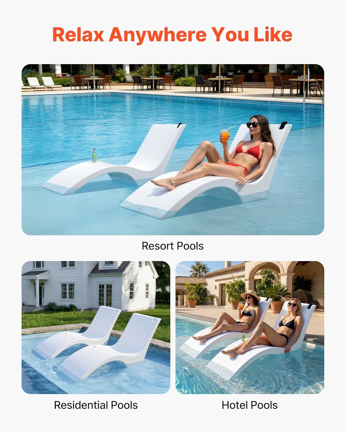 image:imageVEVOR Pool Lounge Chairs Set of 2 Chaise Lounger Water Weighted inPool Lounger Chairs for up to 9 Water Depths AntiFloating Patio Furniture with Cup Phone Holders for Sun Shelf amp Tanning Ledge
