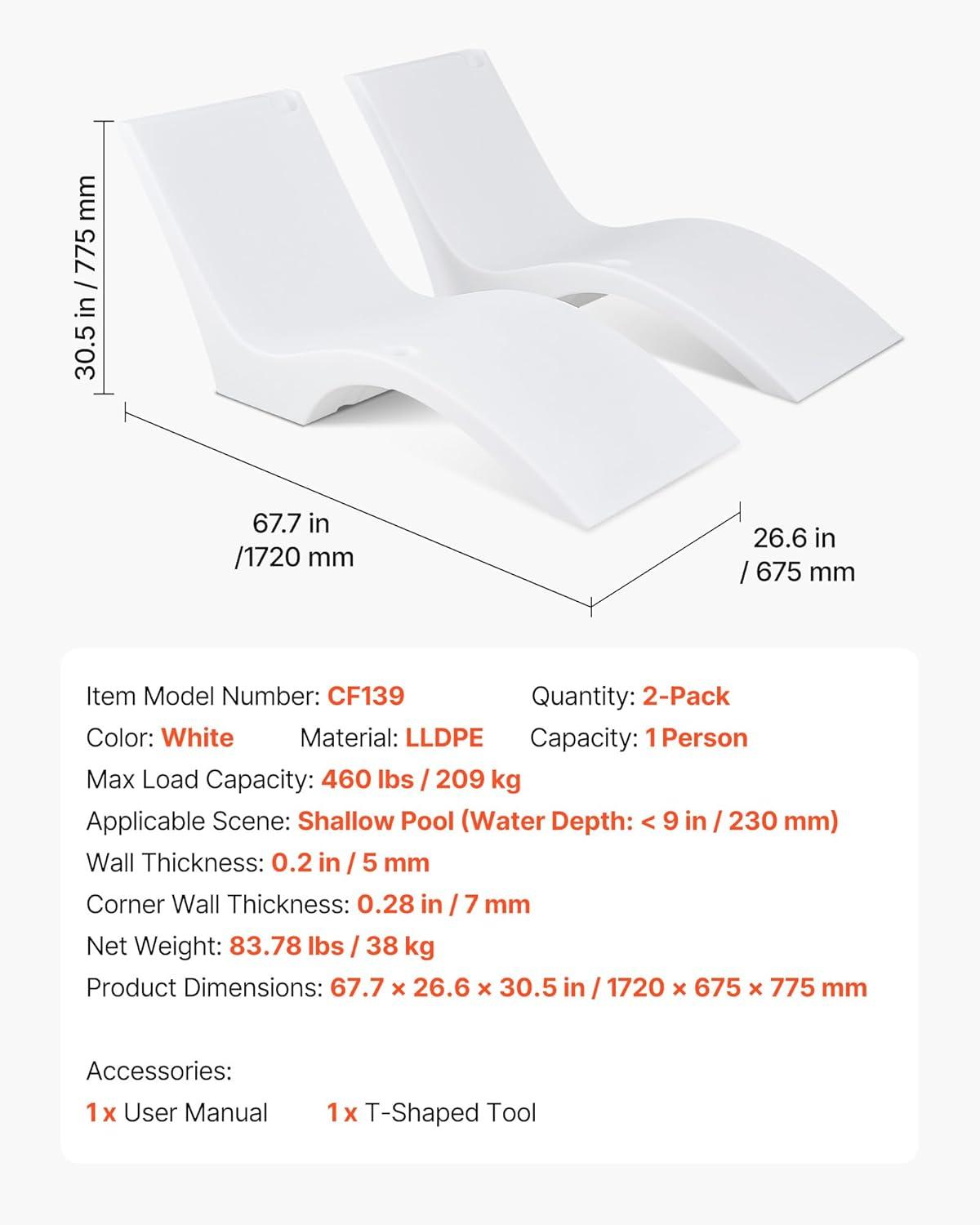 image:imageVEVOR Pool Lounge Chairs Set of 2 Chaise Lounger Water Weighted inPool Lounger Chairs for up to 9 Water Depths AntiFloating Patio Furniture with Cup Phone Holders for Sun Shelf amp Tanning Ledge