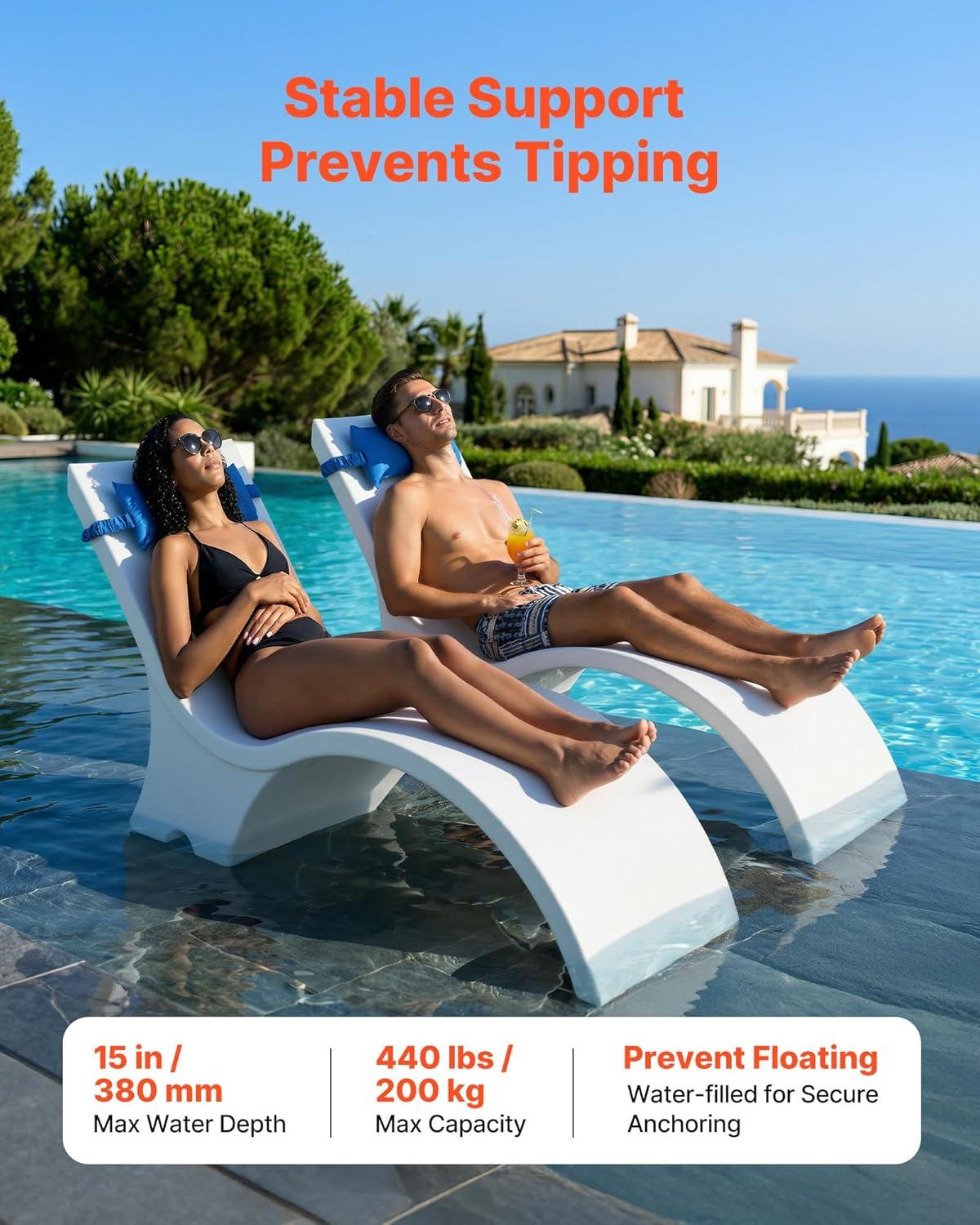 image:imageVEVOR Pool Lounge Chairs Set of 2 Chaise Lounger with Headrest Water Weighted inPool Lounger Chairs for up to 15 Water Depths AntiFloating Patio Furniture for Sun Shelf amp Tanning Ledge 440LBS