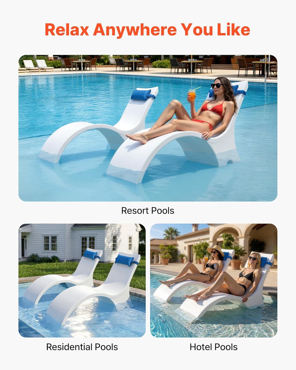 image:imageVEVOR Pool Lounge Chairs Set of 2 Chaise Lounger with Headrest Water Weighted inPool Lounger Chairs for up to 15 Water Depths AntiFloating Patio Furniture for Sun Shelf amp Tanning Ledge 440LBS