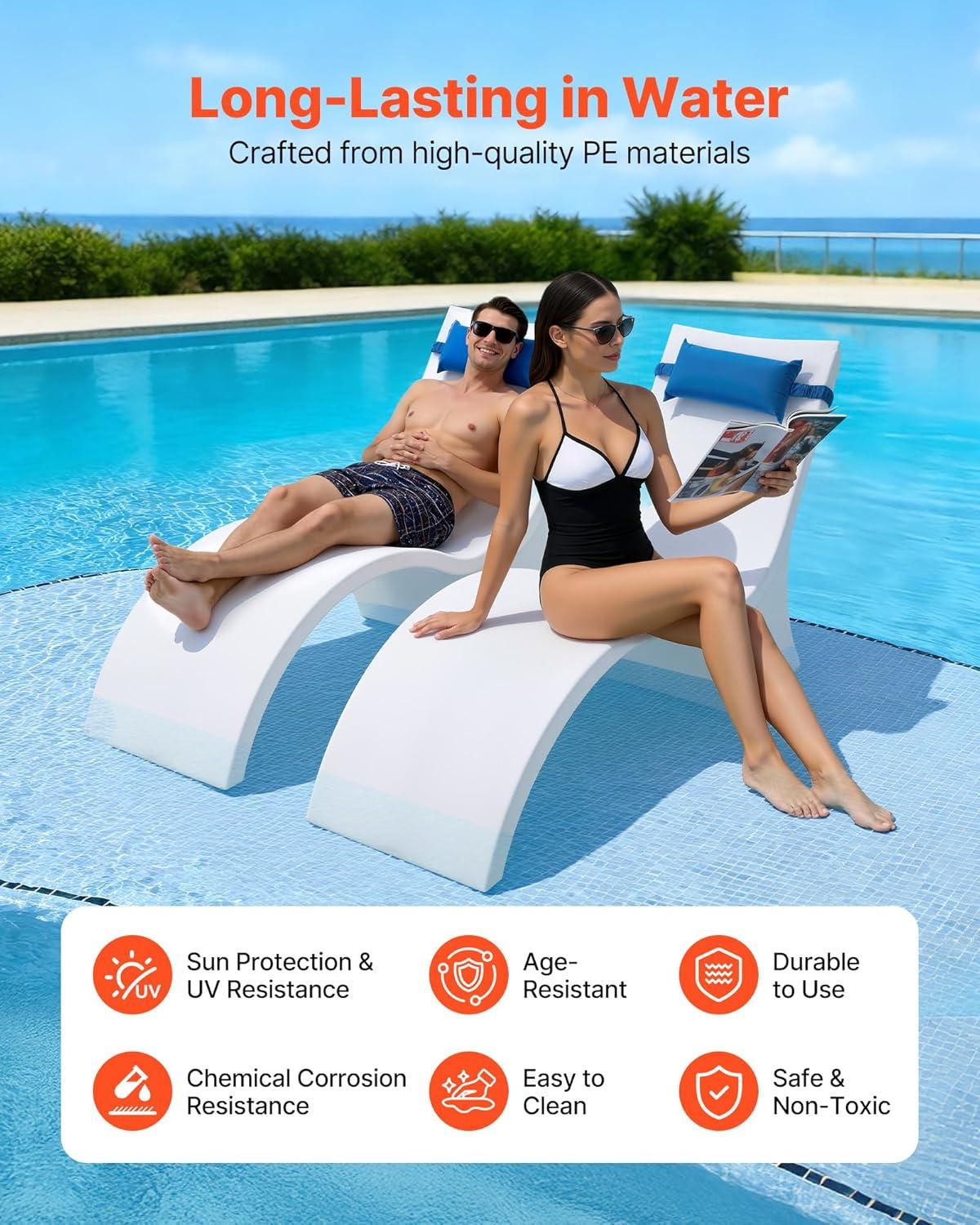 image:imageVEVOR Pool Lounge Chairs Set of 2 Chaise Lounger with Headrest Water Weighted inPool Lounger Chairs for up to 15 Water Depths AntiFloating Patio Furniture for Sun Shelf amp Tanning Ledge 440LBS