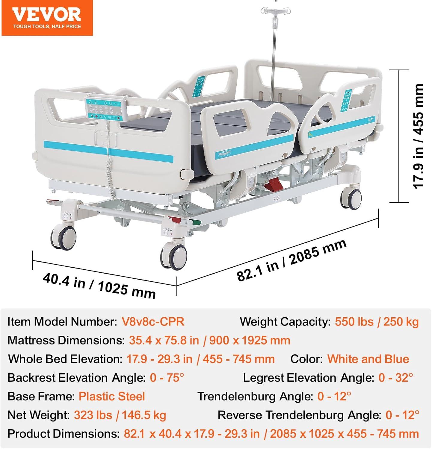image:imageVEVOR Premium 3 Function Full Electric Hospital Bed ICU Electric Medical Bed with Backrest Legrest amp Height Adjustment 5 Locking Casters HighDensity Mattress for Home Hospital 550LBS Loading84X43x28inch
