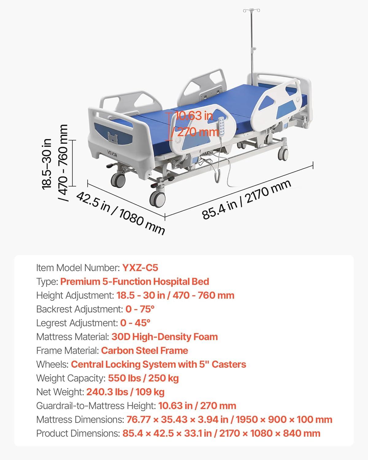 image:imageVEVOR Premium 3 Function Full Electric Hospital Bed ICU Electric Medical Bed with Backrest Legrest amp Height Adjustment 5 Locking Casters HighDensity Mattress for Home Hospital 550LBS Loading85x42x33inch