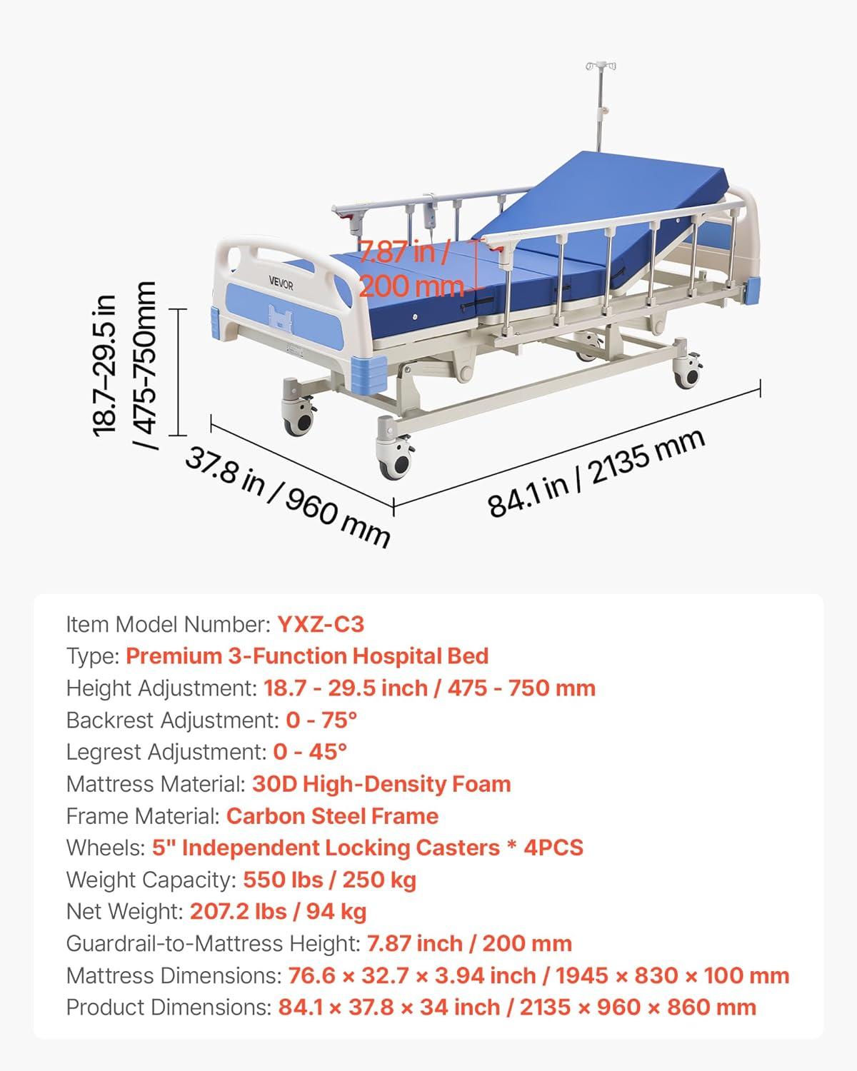 image:imageVEVOR Premium 3 Function Full Electric Hospital Bed ICU Electric Medical Bed with Backrest Legrest amp Height Adjustment 5 Locking Casters HighDensity Mattress for Home Hospital 550LBS Loading84x38x34inch