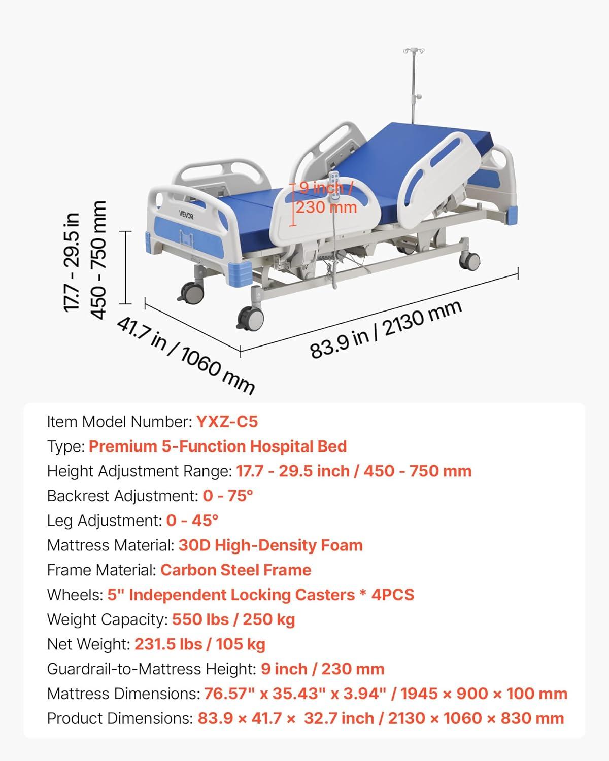 image:imageVEVOR Premium 3 Function Full Electric Hospital Bed ICU Electric Medical Bed with Backrest Legrest amp Height Adjustment 5 Locking Casters HighDensity Mattress for Home Hospital 550LBS Loading85X42x326inch