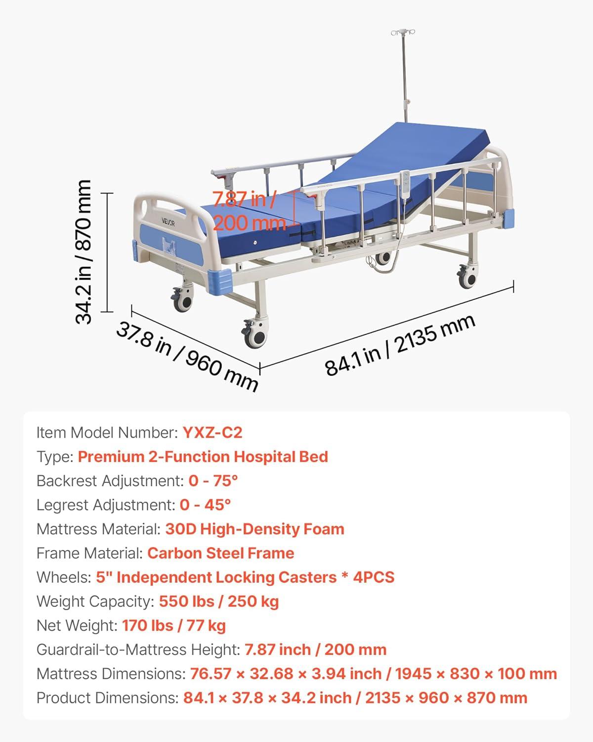 image:imageVEVOR Premium 3 Function Full Electric Hospital Bed ICU Electric Medical Bed with Backrest Legrest amp Height Adjustment 5 Locking Casters HighDensity Mattress for Home Hospital 550LBS Loading84X377x34inch