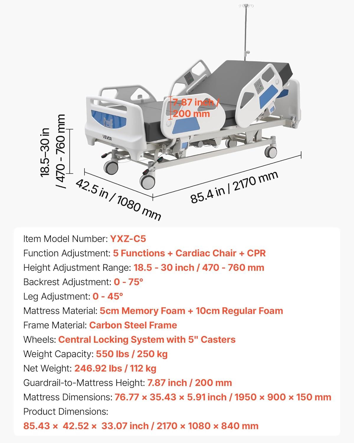 image:imageVEVOR Premium 3 Function Full Electric Hospital Bed ICU Electric Medical Bed with Backrest Legrest amp Height Adjustment 5 Locking Casters HighDensity Mattress for Home Hospital 550LBS Loading854X425x33inch