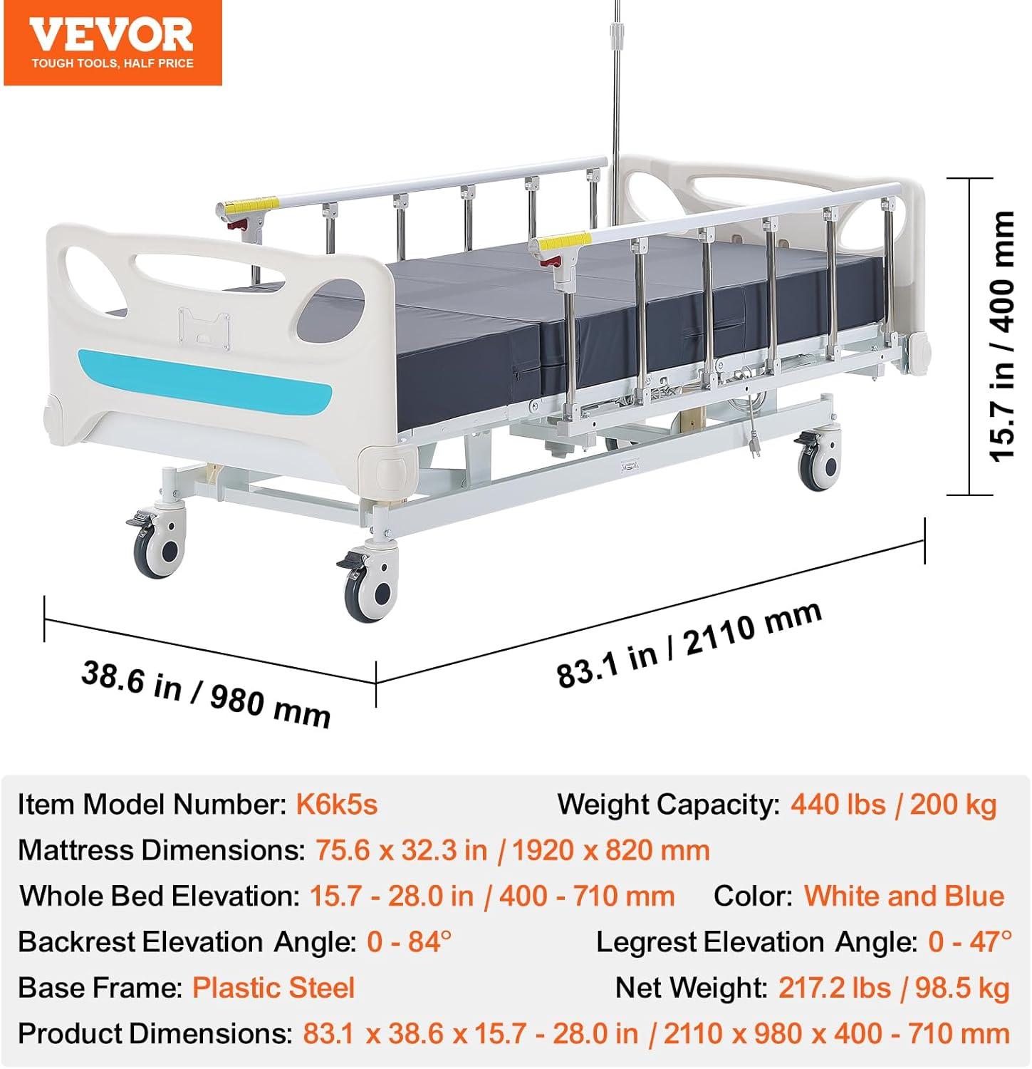 image:imageVEVOR Premium 3 Function Full Electric Hospital Bed ICU Electric Medical Bed with Mattress amp IV Pole Handheld Controller and 5Inch Locking Casters for Home Hospital Use 440LBS Loading3 Functions