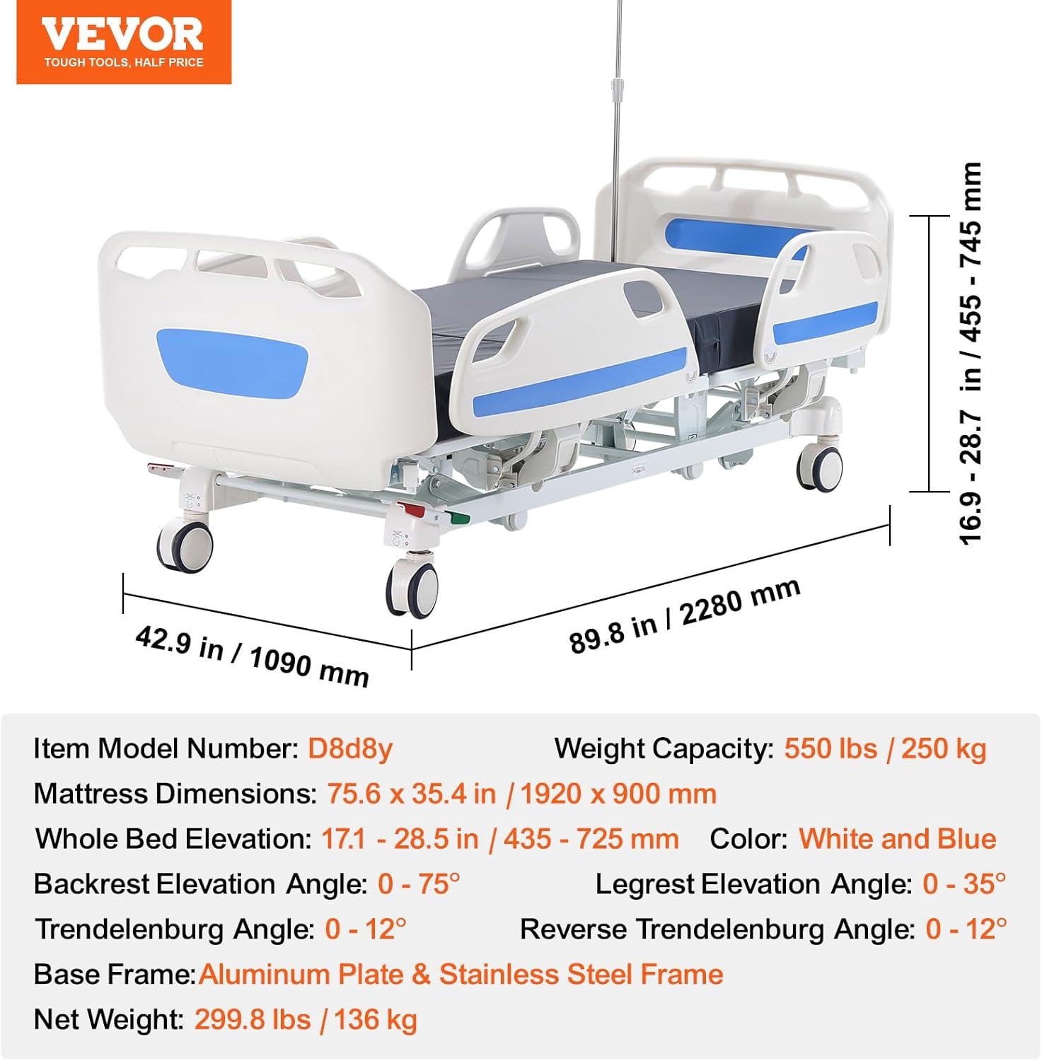 image:imageVEVOR Premium 3 Function Full Electric Hospital Bed ICU Electric Medical Bed with Mattress amp IV Pole Handheld Controller and 5Inch Locking Casters for Home Hospital Use 440LBS Loading5 Functions