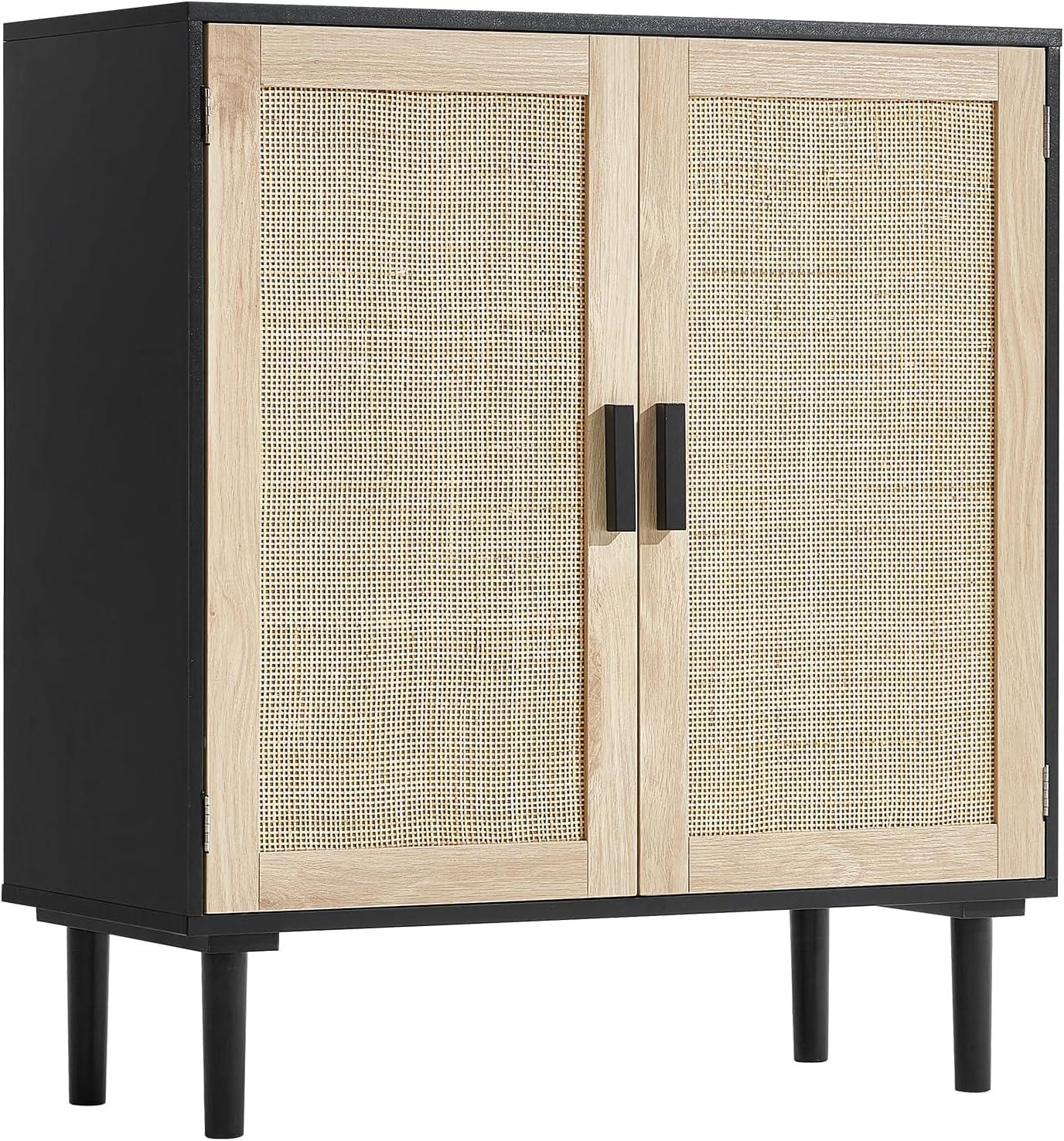 image:imageVEVOR Rattan Cabinet Rattan Buffet Cabinet with 2 Magnetic Doors and Adjustable Shelves Accent Sideboard Buffet with Wooden Legs amp Power Cord Hole for Hallway Entryway Kitchen BlackBlack