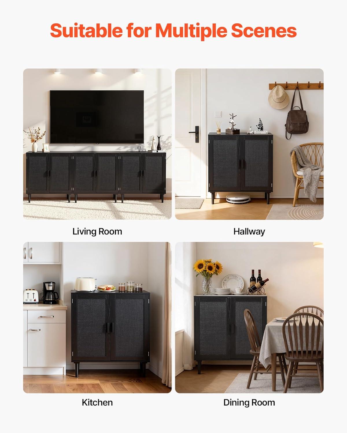 image:imageVEVOR Rattan Cabinet Rattan Buffet Cabinet with 2 Magnetic Doors and Adjustable Shelves Accent Sideboard Buffet with Wooden Legs amp Power Cord Hole for Hallway Entryway Kitchen BlackPure Black