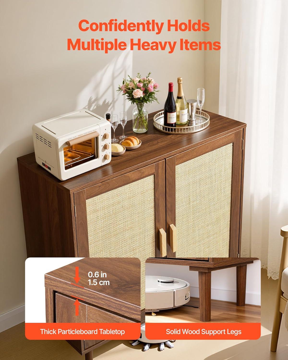image:imageVEVOR Rattan Cabinet Rattan Buffet Cabinet with 2 Magnetic Doors and Adjustable Shelves Accent Sideboard Buffet with Wooden Legs amp Power Cord Hole for Hallway Entryway Kitchen BlackBrown