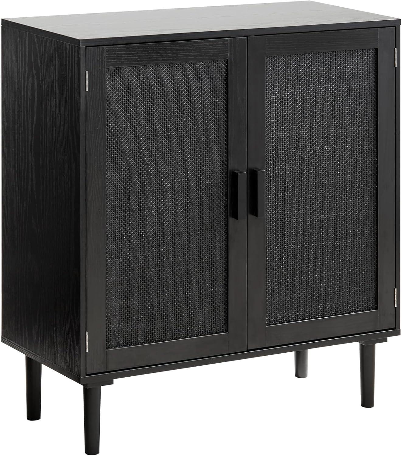 image:imageVEVOR Rattan Cabinet Rattan Buffet Cabinet with 2 Magnetic Doors and Adjustable Shelves Accent Sideboard Buffet with Wooden Legs amp Power Cord Hole for Hallway Entryway Kitchen BlackPure Black
