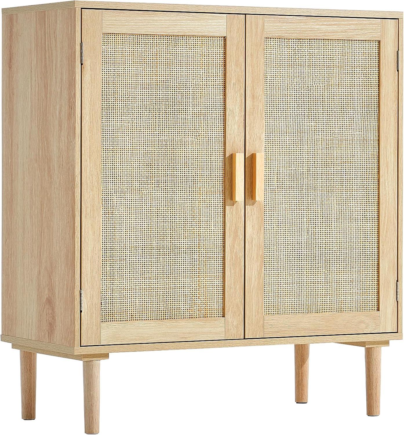image:imageVEVOR Rattan Cabinet Rattan Buffet Cabinet with 2 Magnetic Doors and Adjustable Shelves Accent Sideboard Buffet with Wooden Legs amp Power Cord Hole for Hallway Entryway Kitchen BlackNatural