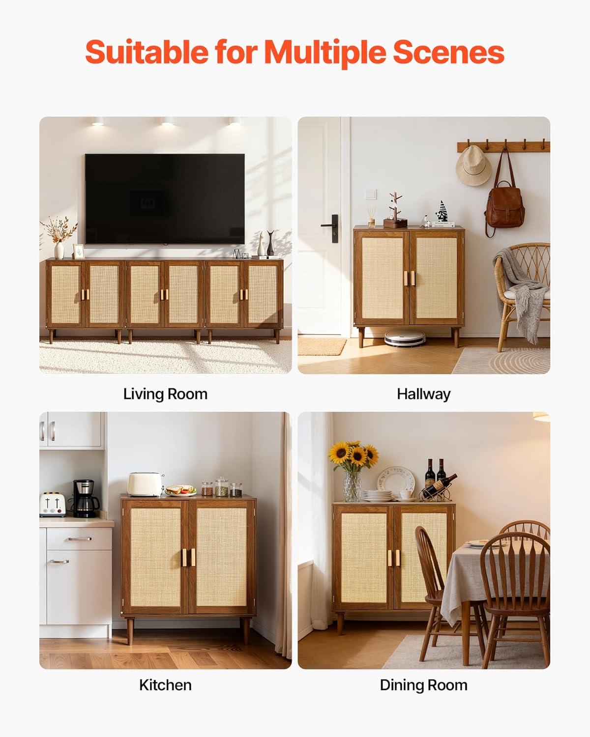 image:imageVEVOR Rattan Cabinet Rattan Buffet Cabinet with 2 Magnetic Doors and Adjustable Shelves Accent Sideboard Buffet with Wooden Legs amp Power Cord Hole for Hallway Entryway Kitchen BlackBrown