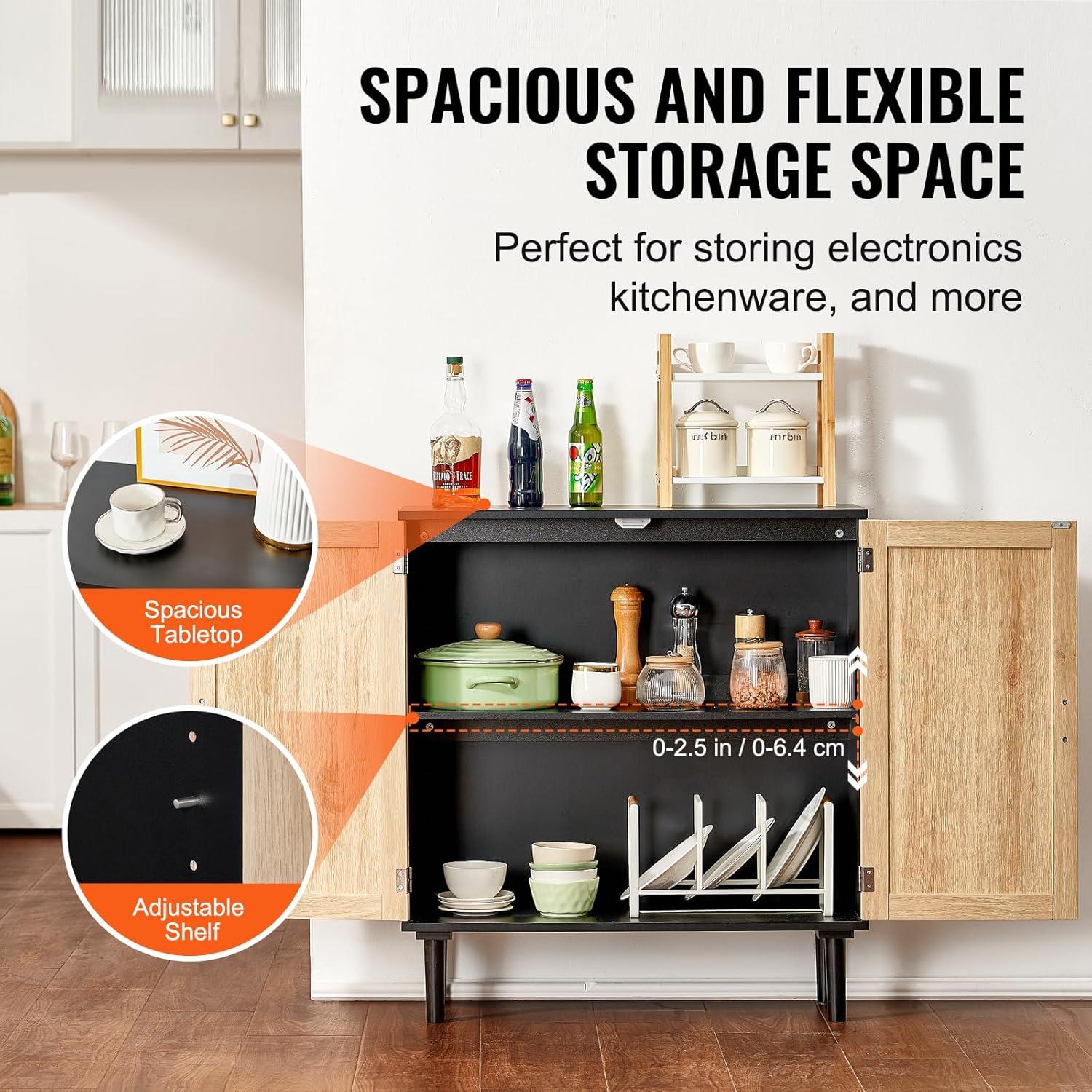 image:imageVEVOR Rattan Cabinet Rattan Buffet Cabinet with 2 Magnetic Doors and Adjustable Shelves Accent Sideboard Buffet with Wooden Legs amp Power Cord Hole for Hallway Entryway Kitchen BlackBlack