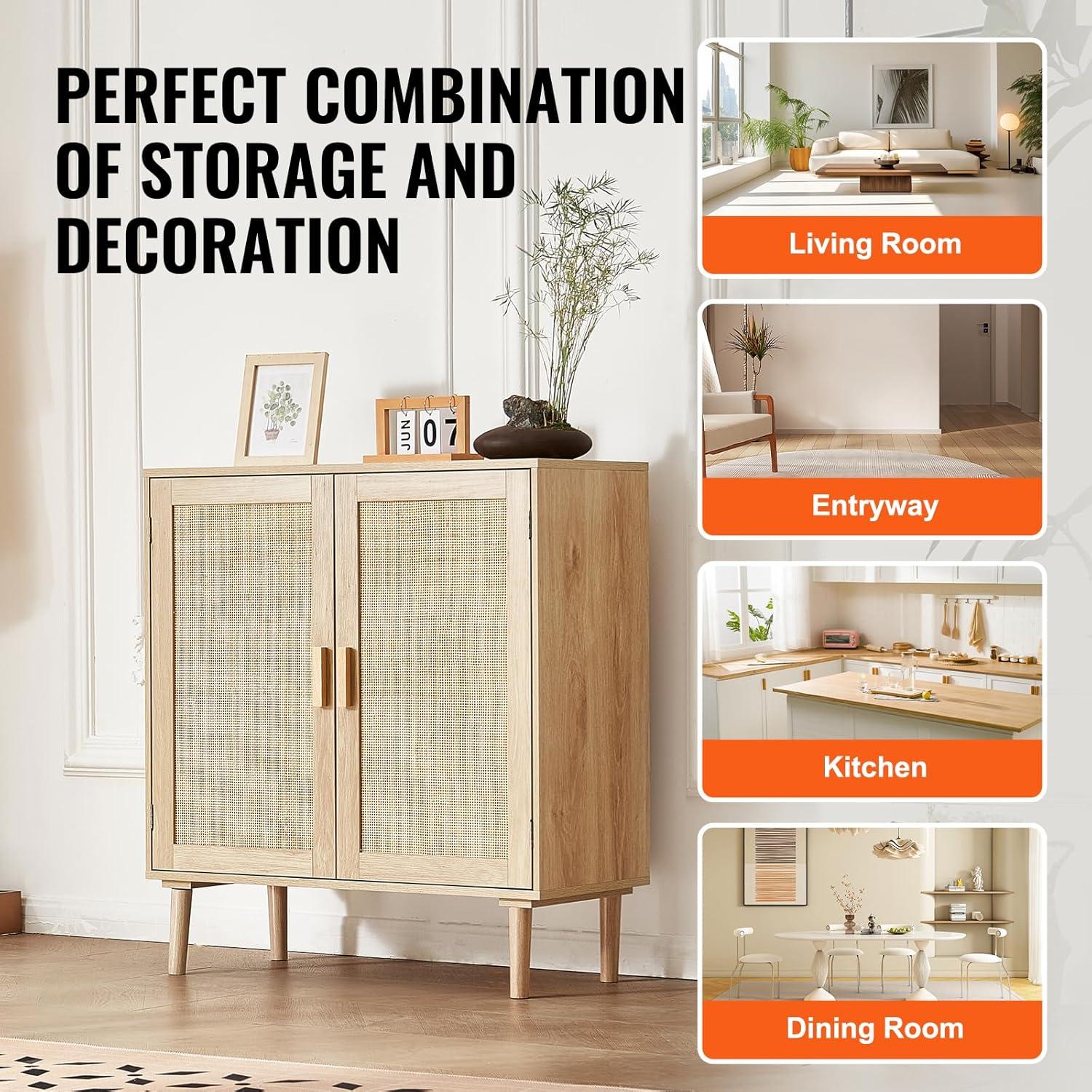 image:imageVEVOR Rattan Cabinet Rattan Buffet Cabinet with 2 Magnetic Doors and Adjustable Shelves Accent Sideboard Buffet with Wooden Legs amp Power Cord Hole for Hallway Entryway Kitchen BlackNatural