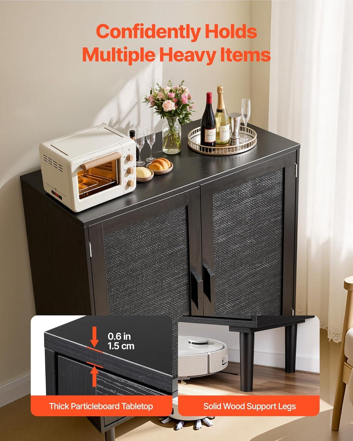 image:imageVEVOR Rattan Cabinet Rattan Buffet Cabinet with 2 Magnetic Doors and Adjustable Shelves Accent Sideboard Buffet with Wooden Legs amp Power Cord Hole for Hallway Entryway Kitchen BlackPure Black