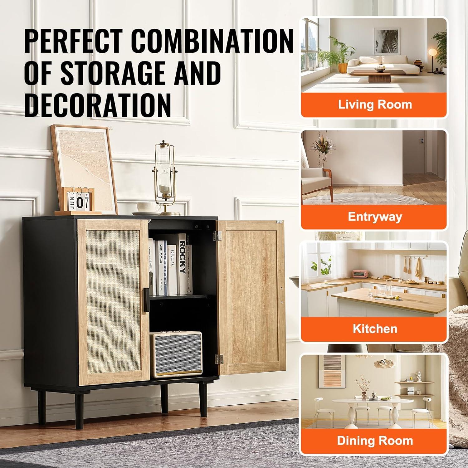 image:imageVEVOR Rattan Cabinet Rattan Buffet Cabinet with 2 Magnetic Doors and Adjustable Shelves Accent Sideboard Buffet with Wooden Legs amp Power Cord Hole for Hallway Entryway Kitchen BlackBlack