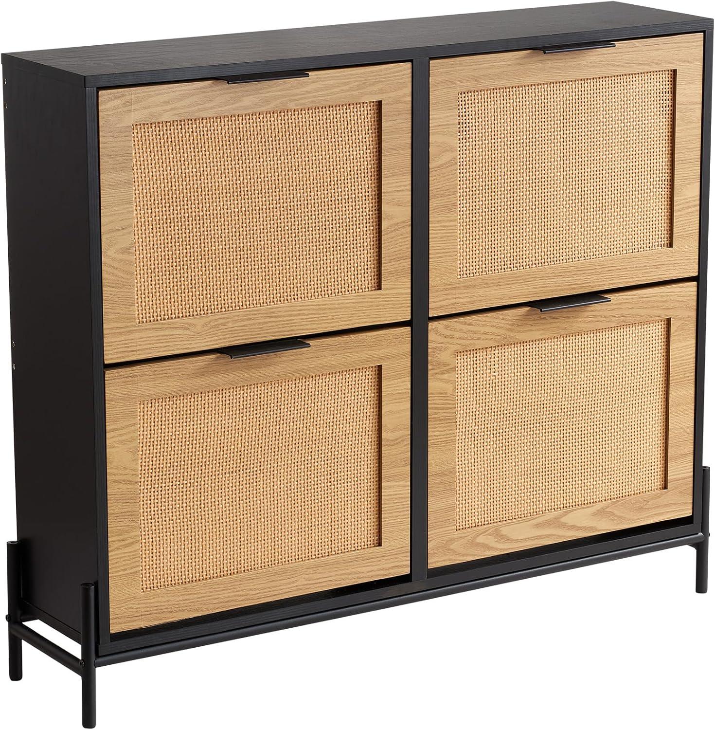 image:imageVEVOR Rattan Shoe Cabinet Narrow Shoe Storage Organizer with 2 Flip Rattan Drawers amp 1 Slide Drawer Metal Legs Slim Shoe Entryway Cabinet Ideal for Entryway Closet Hallway BlackBlack