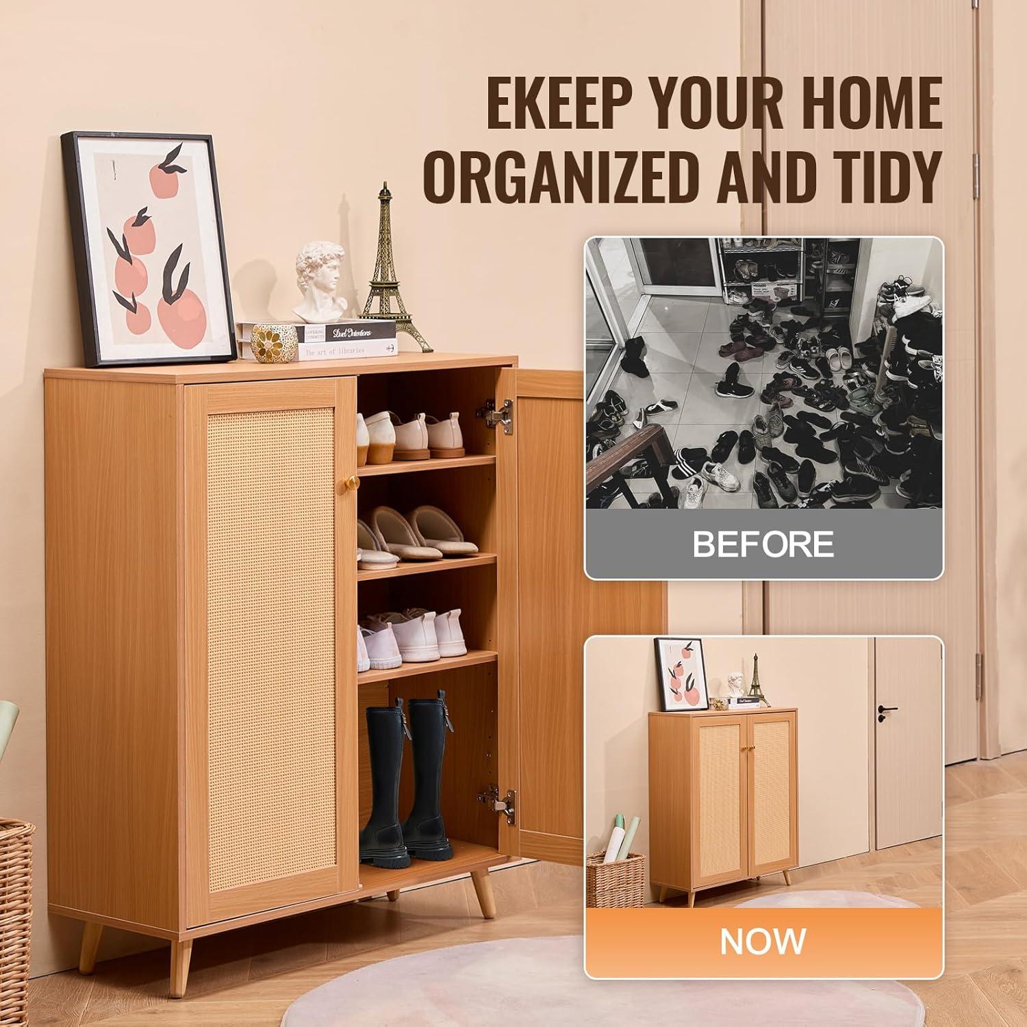 image:imageVEVOR Rattan Shoe Cabinet Narrow Shoe Storage Organizer with 2 Flip Rattan Drawers amp 1 Slide Drawer Metal Legs Slim Shoe Entryway Cabinet Ideal for Entryway Closet Hallway BlackLight Wood Color