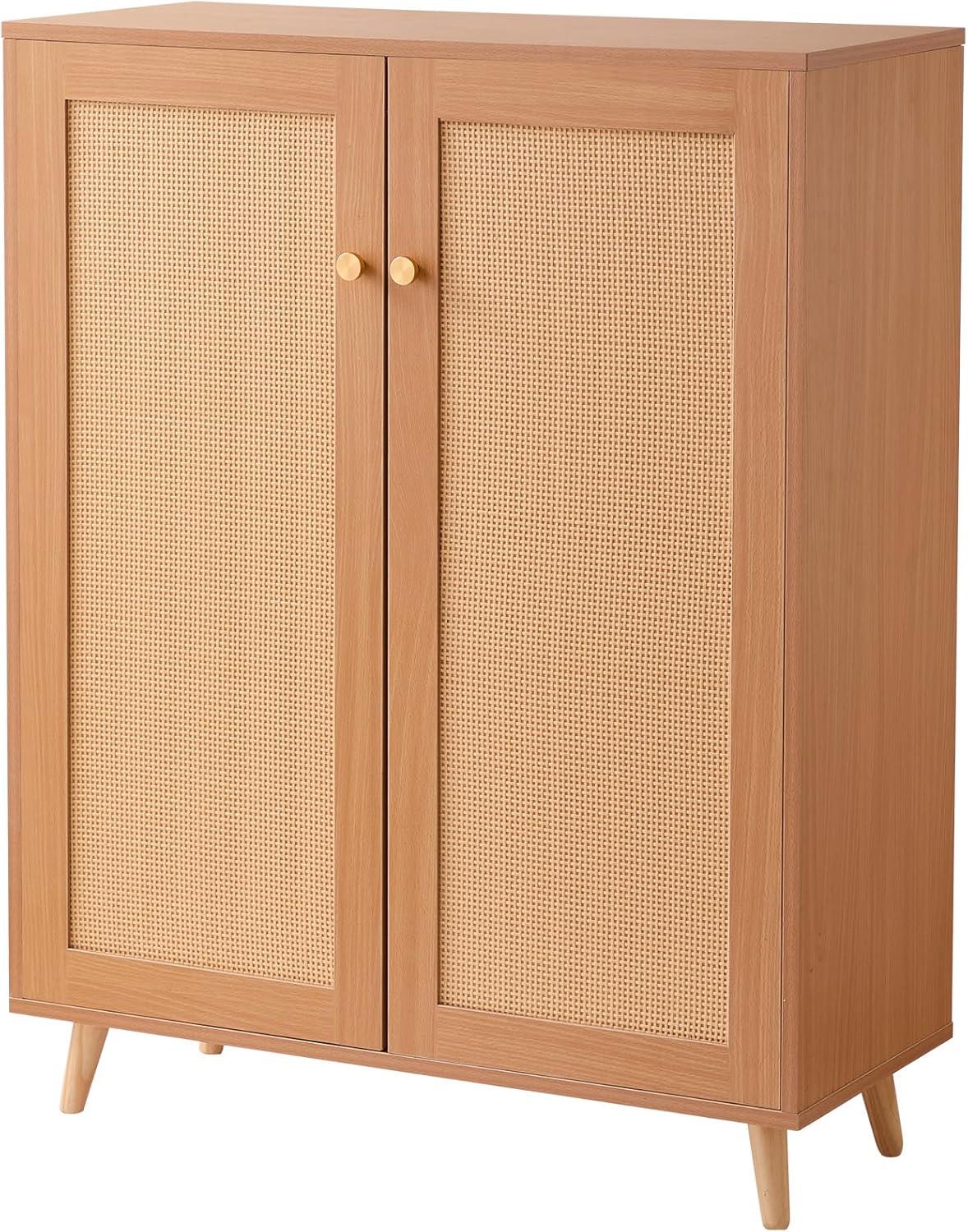 image:imageVEVOR Rattan Shoe Cabinet Narrow Shoe Storage Organizer with 2 Flip Rattan Drawers amp 1 Slide Drawer Metal Legs Slim Shoe Entryway Cabinet Ideal for Entryway Closet Hallway BlackLight Wood Color