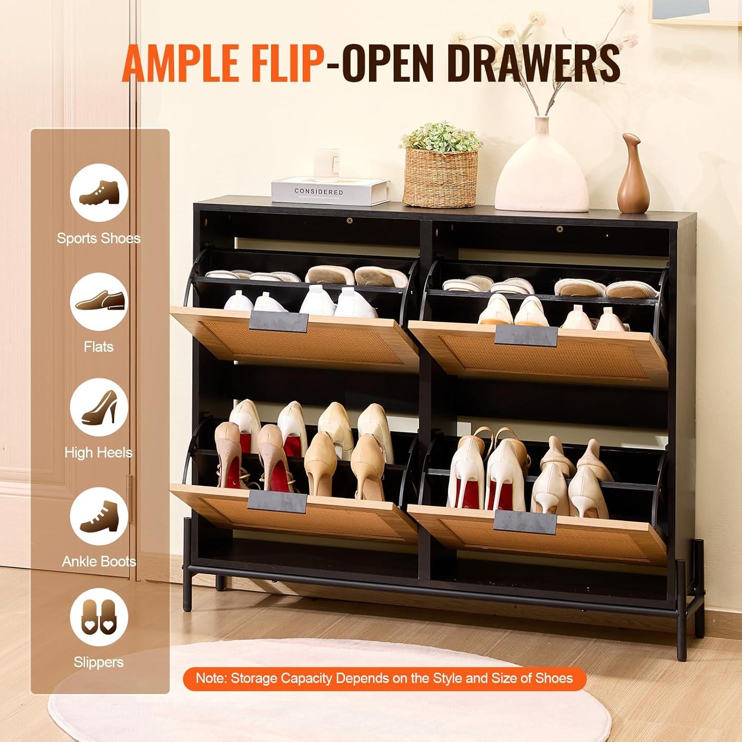 image:imageVEVOR Rattan Shoe Cabinet Narrow Shoe Storage Organizer with 2 Flip Rattan Drawers amp 1 Slide Drawer Metal Legs Slim Shoe Entryway Cabinet Ideal for Entryway Closet Hallway BlackBlack