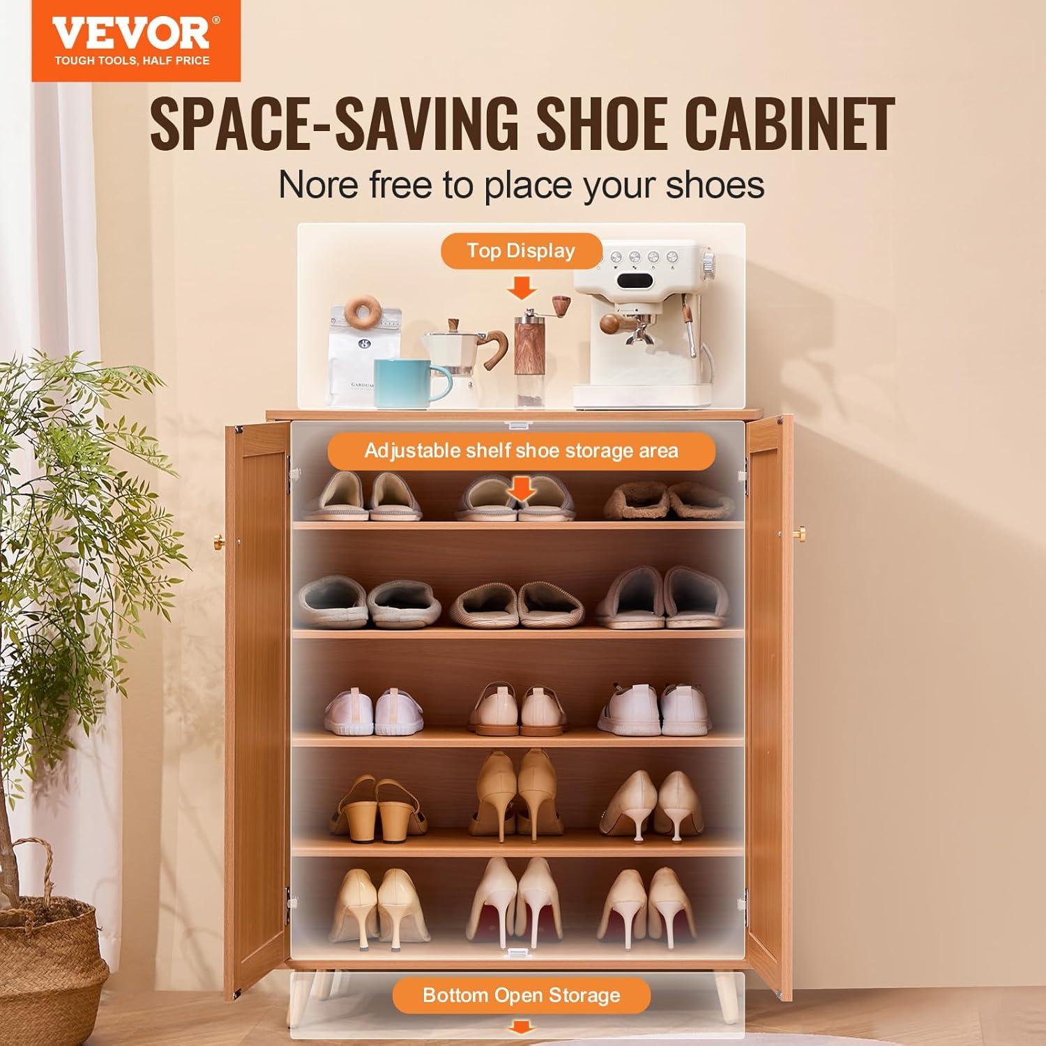 image:imageVEVOR Rattan Shoe Cabinet Narrow Shoe Storage Organizer with 2 Flip Rattan Drawers amp 1 Slide Drawer Metal Legs Slim Shoe Entryway Cabinet Ideal for Entryway Closet Hallway BlackLight Wood Color