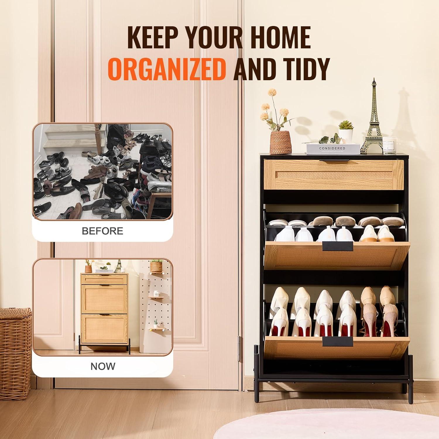 image:imageVEVOR Rattan Shoe Cabinet Narrow Shoe Storage Organizer with 2 Flip Rattan Drawers amp 1 Slide Drawer Metal Legs Slim Shoe Entryway Cabinet Ideal for Entryway Closet Hallway BlackBlack