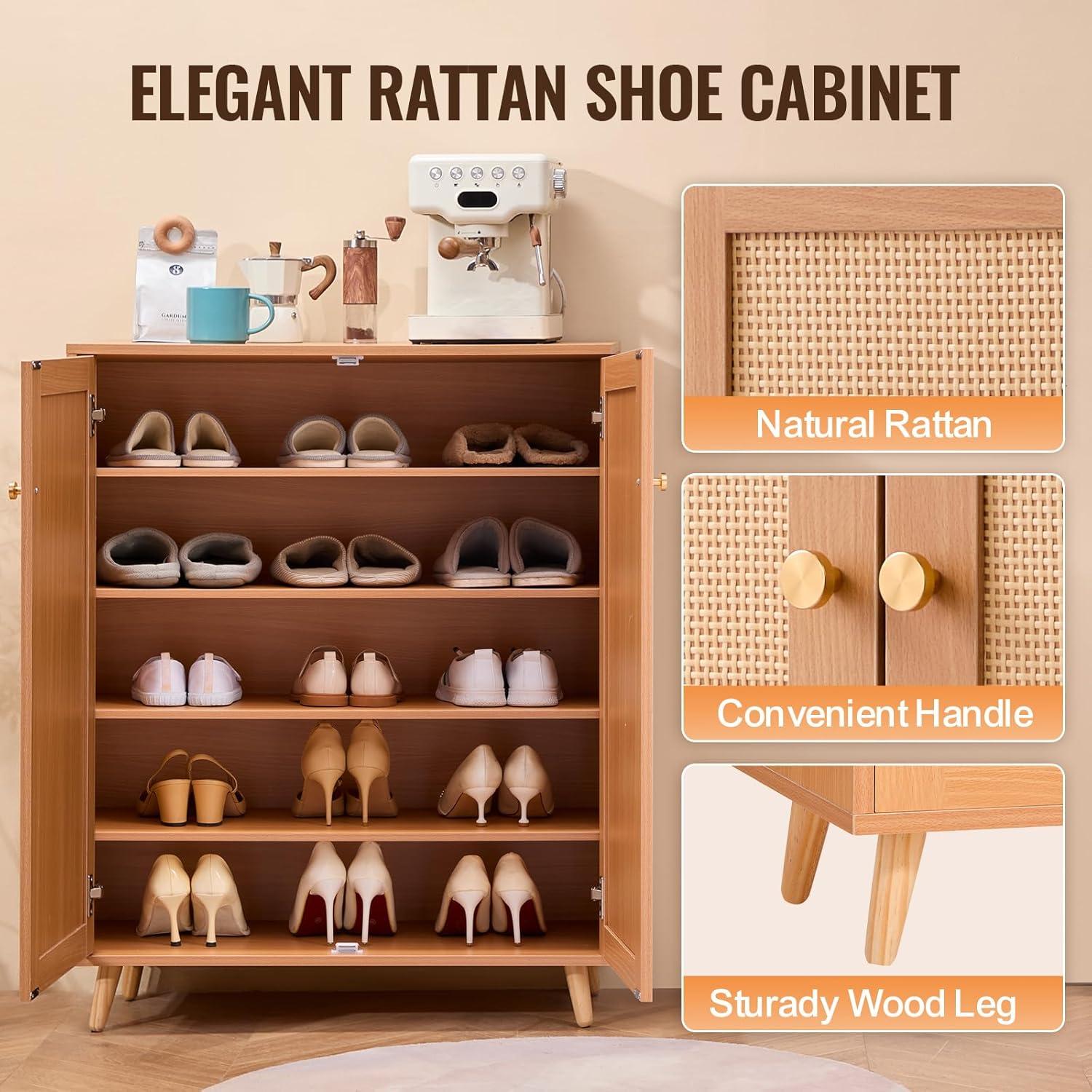 image:imageVEVOR Rattan Shoe Cabinet Narrow Shoe Storage Organizer with 2 Flip Rattan Drawers amp 1 Slide Drawer Metal Legs Slim Shoe Entryway Cabinet Ideal for Entryway Closet Hallway BlackLight Wood Color