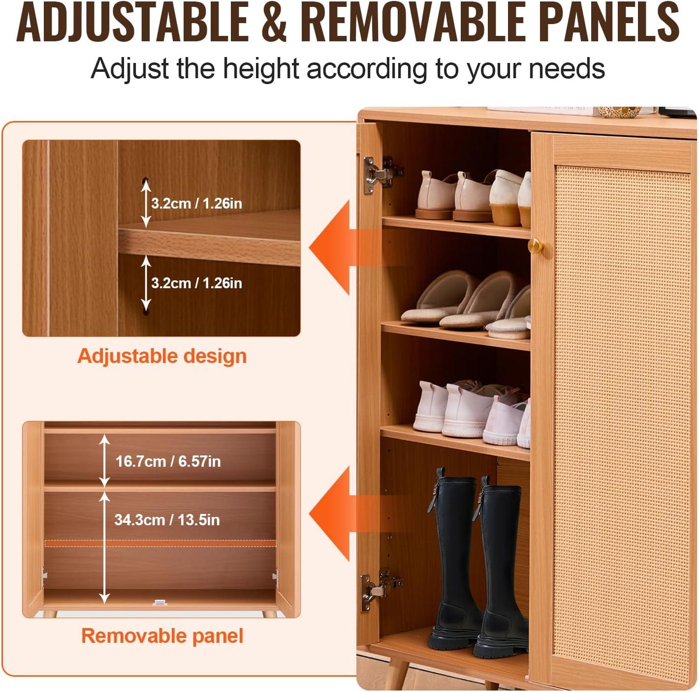 image:imageVEVOR Rattan Shoe Cabinet Narrow Shoe Storage Organizer with 2 Flip Rattan Drawers amp 1 Slide Drawer Metal Legs Slim Shoe Entryway Cabinet Ideal for Entryway Closet Hallway BlackLight Wood Color