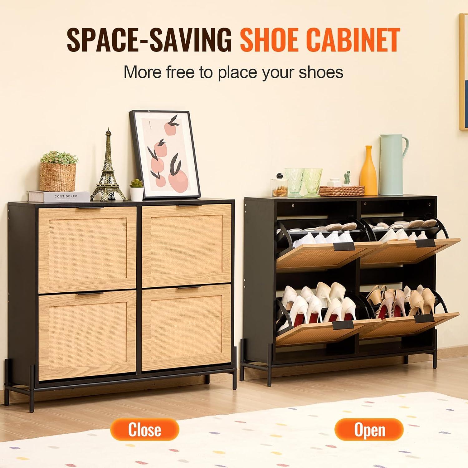image:imageVEVOR Rattan Shoe Cabinet Narrow Shoe Storage Organizer with 2 Flip Rattan Drawers amp 1 Slide Drawer Metal Legs Slim Shoe Entryway Cabinet Ideal for Entryway Closet Hallway BlackBlack