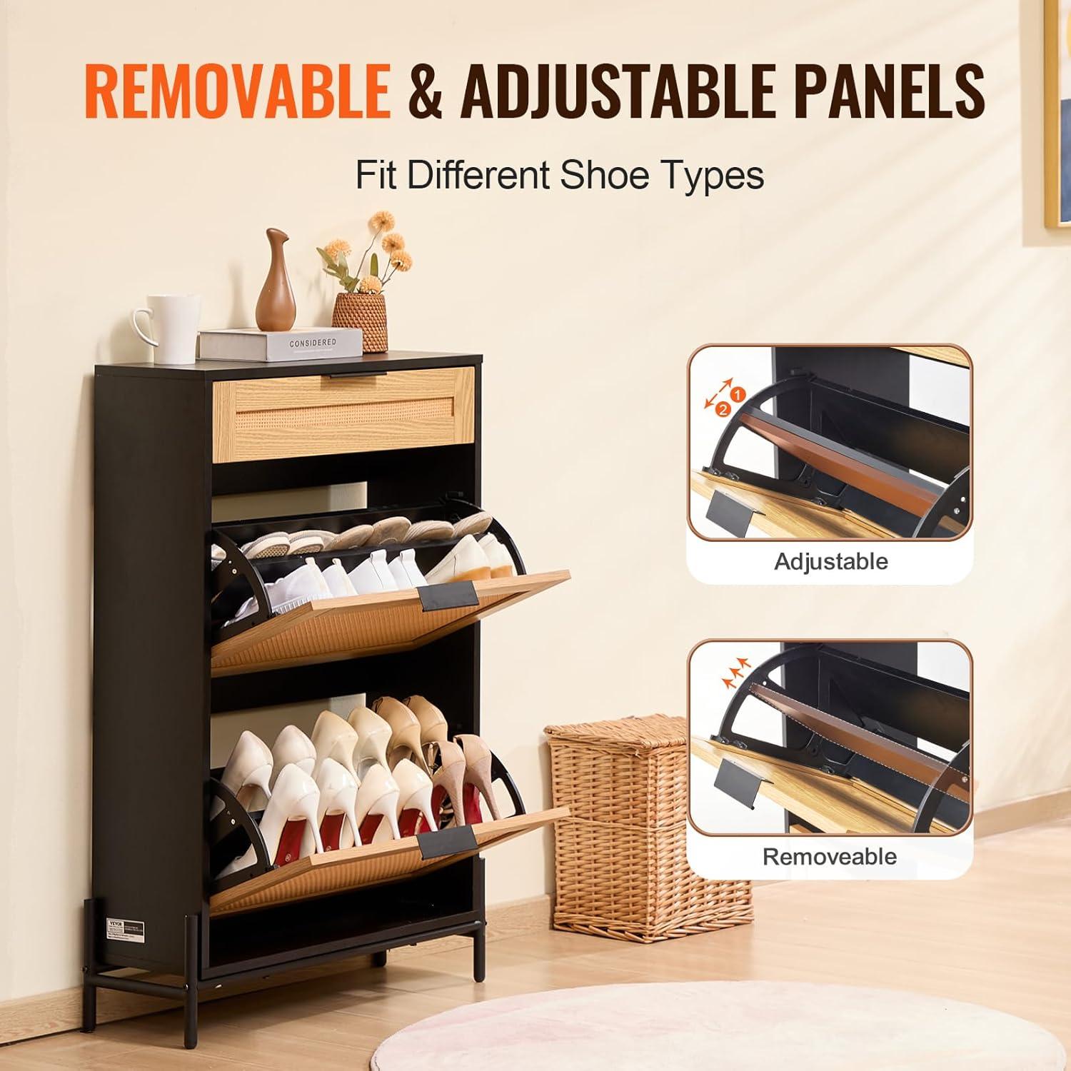 image:imageVEVOR Rattan Shoe Cabinet Narrow Shoe Storage Organizer with 2 Flip Rattan Drawers amp 1 Slide Drawer Metal Legs Slim Shoe Entryway Cabinet Ideal for Entryway Closet Hallway BlackBlack