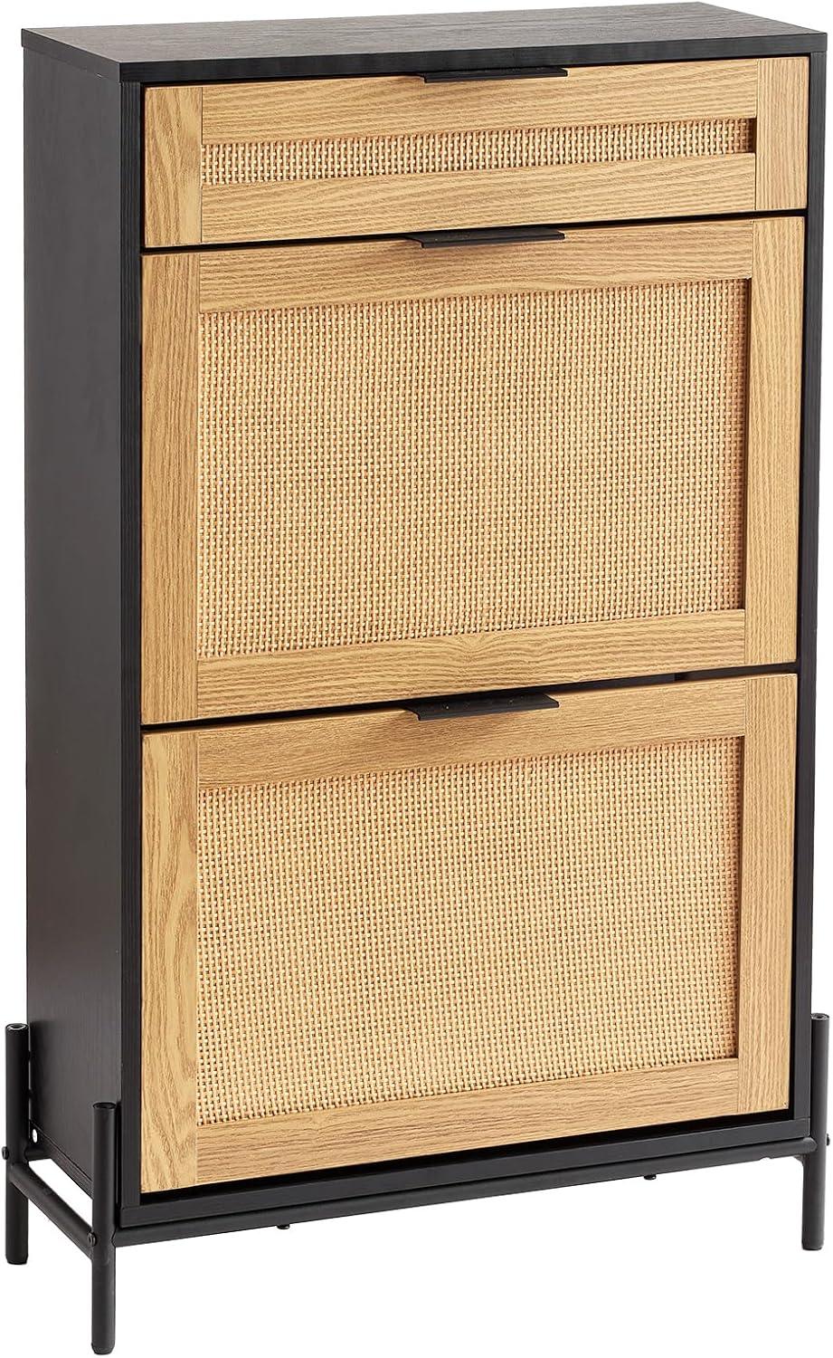 image:imageVEVOR Rattan Shoe Cabinet Narrow Shoe Storage Organizer with 2 Flip Rattan Drawers amp 1 Slide Drawer Metal Legs Slim Shoe Entryway Cabinet Ideal for Entryway Closet Hallway BlackBlack