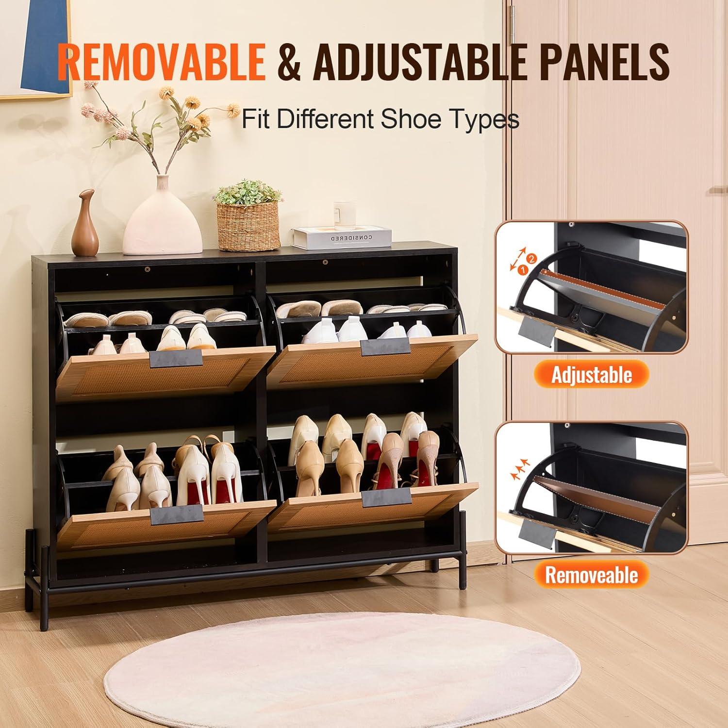 image:imageVEVOR Rattan Shoe Cabinet Narrow Shoe Storage Organizer with 2 Flip Rattan Drawers amp 1 Slide Drawer Metal Legs Slim Shoe Entryway Cabinet Ideal for Entryway Closet Hallway BlackBlack