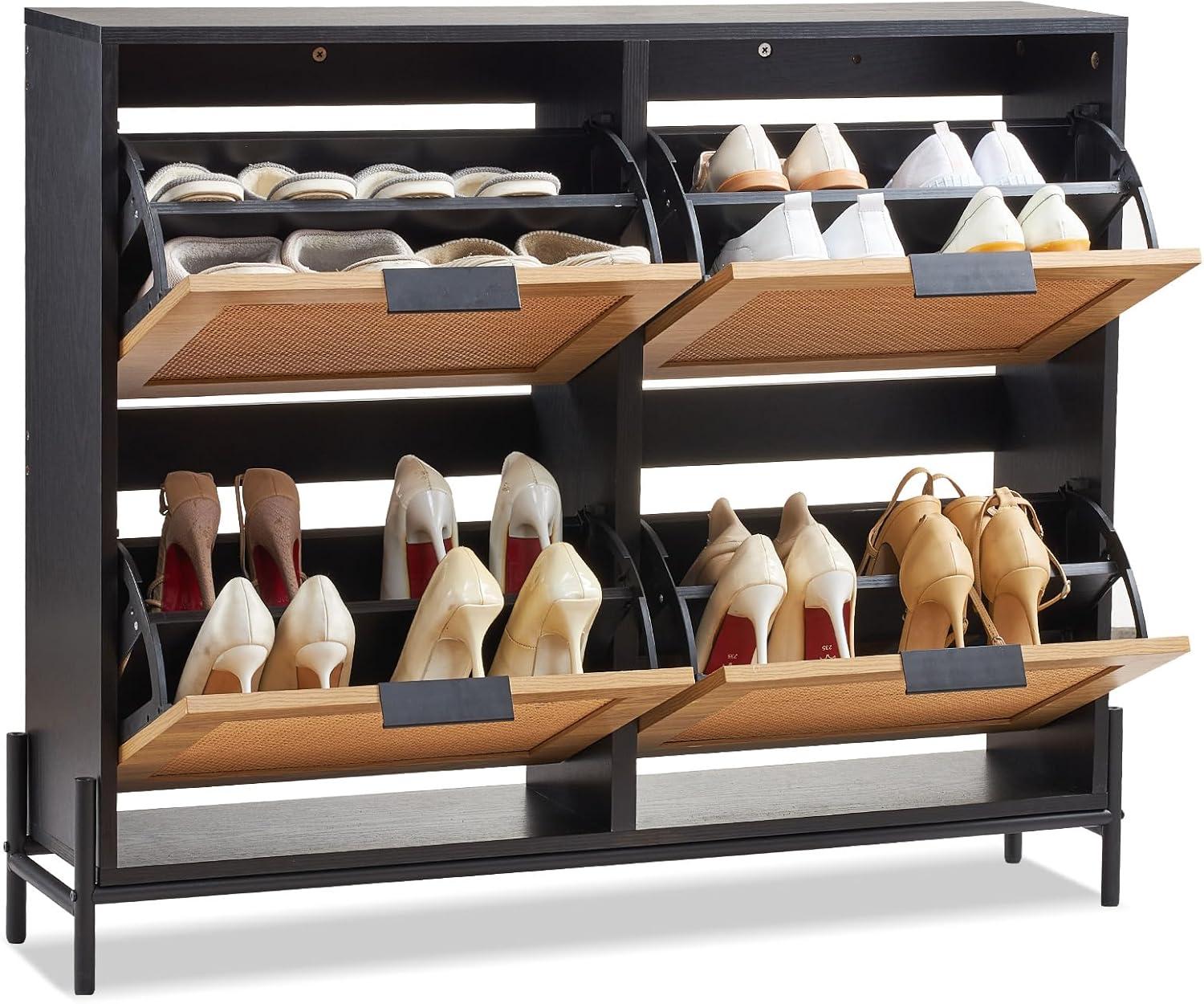 image:imageVEVOR Rattan Shoe Cabinet Narrow Shoe Storage Organizer with 2 Flip Rattan Drawers amp 1 Slide Drawer Metal Legs Slim Shoe Entryway Cabinet Ideal for Entryway Closet Hallway BlackBlack