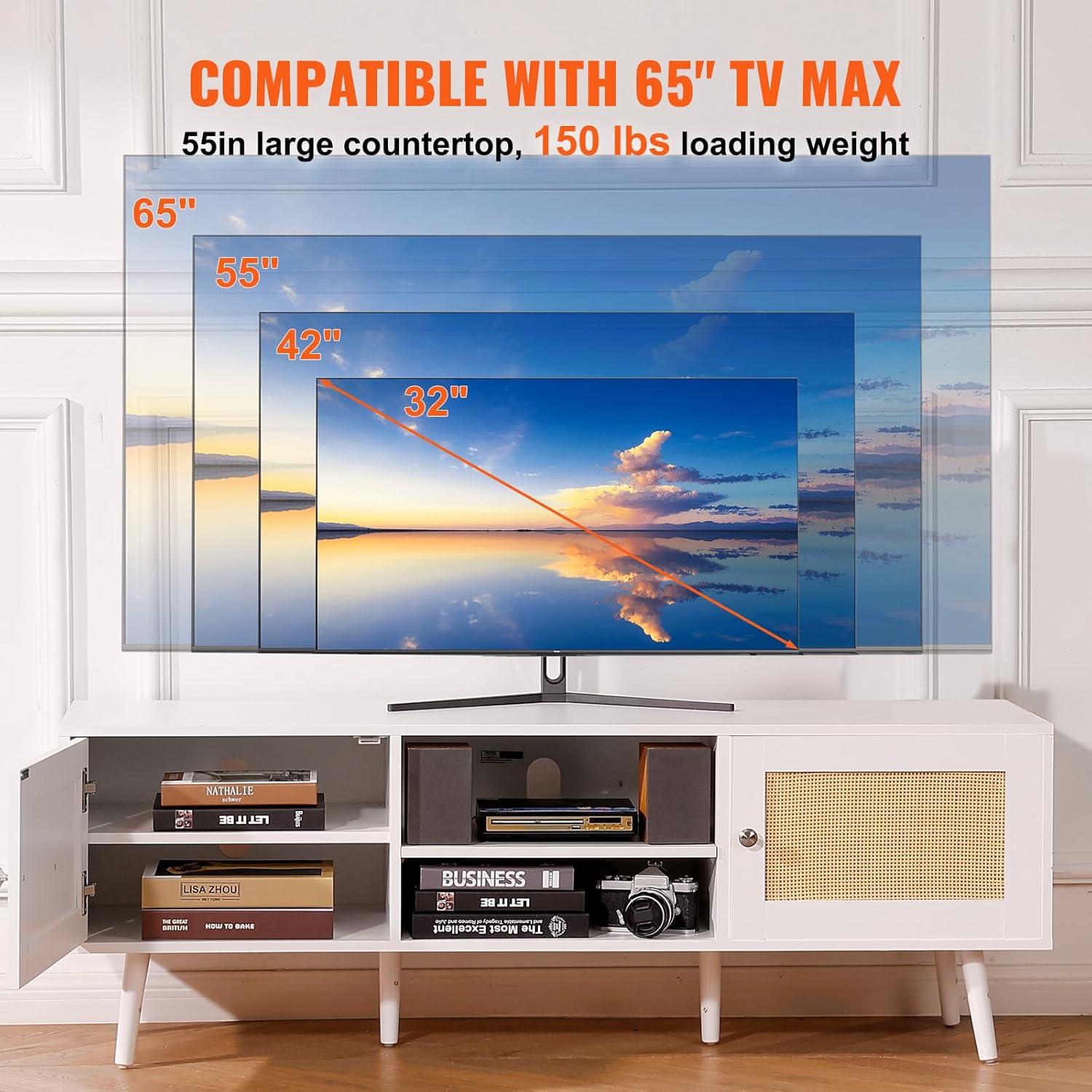 image:imageVEVOR Rattan TV Stand Mid Century Modern TV Stand for 75 inch TV Boho Rattan TV Cabinet with Buildin Socket and USB Ports Adjustable Shelfs for Living Room Media Room OakWhite