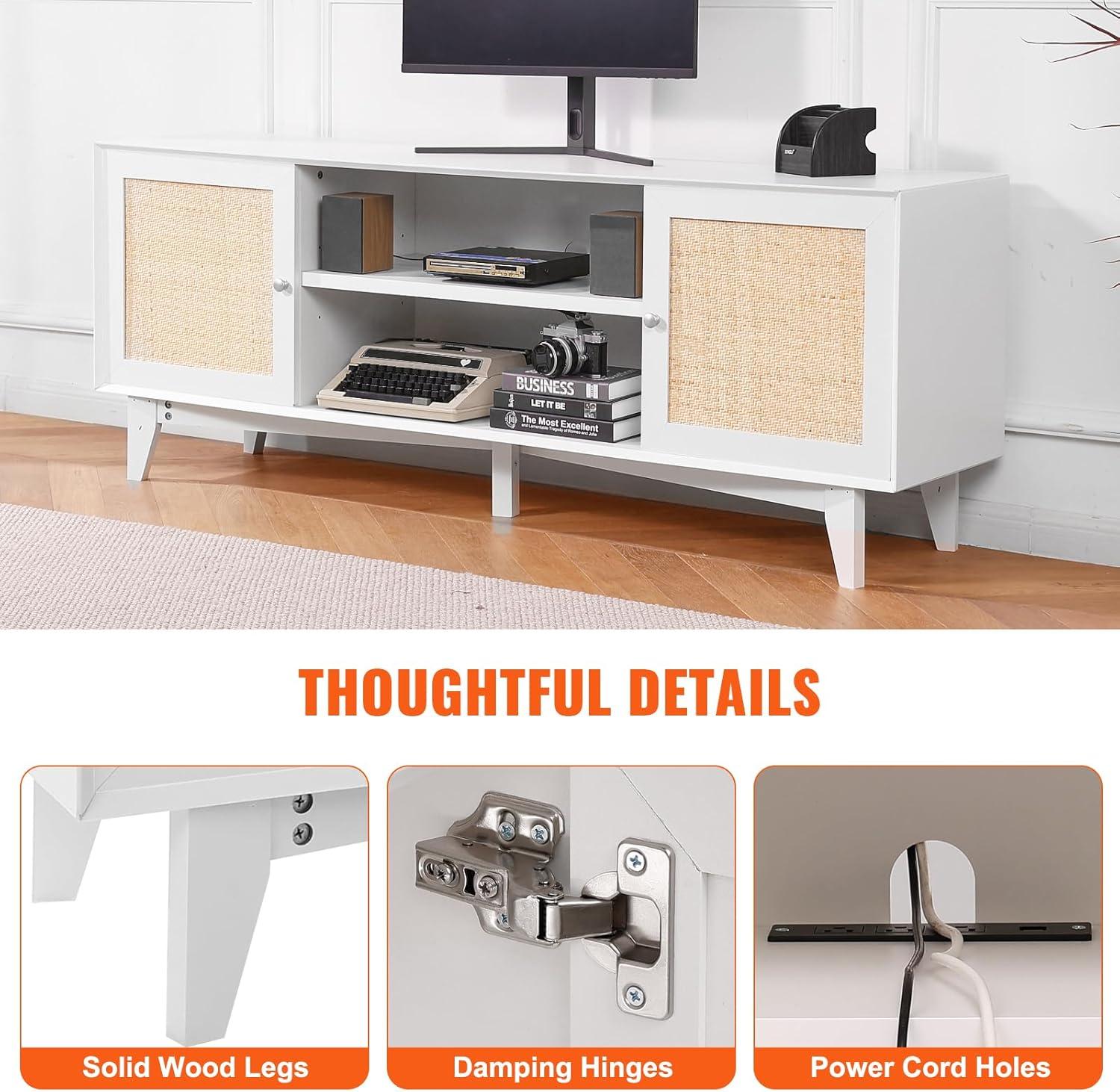 image:imageVEVOR Rattan TV Stand Mid Century Modern TV Stand for 75 inch TV Boho Rattan TV Cabinet with Buildin Socket and USB Ports Adjustable Shelfs for Living Room Media Room OakWhite