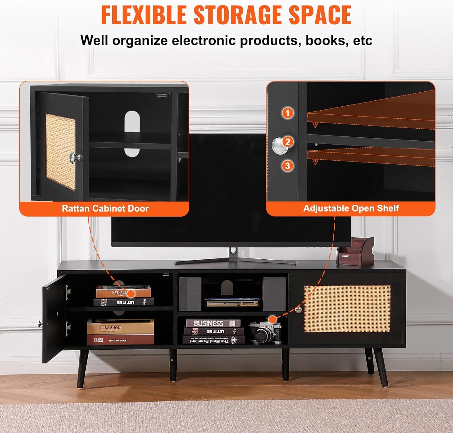 image:imageVEVOR Rattan TV Stand Mid Century Modern TV Stand for 75 inch TV Boho Rattan TV Cabinet with Buildin Socket and USB Ports Adjustable Shelfs for Living Room Media Room OakBlack