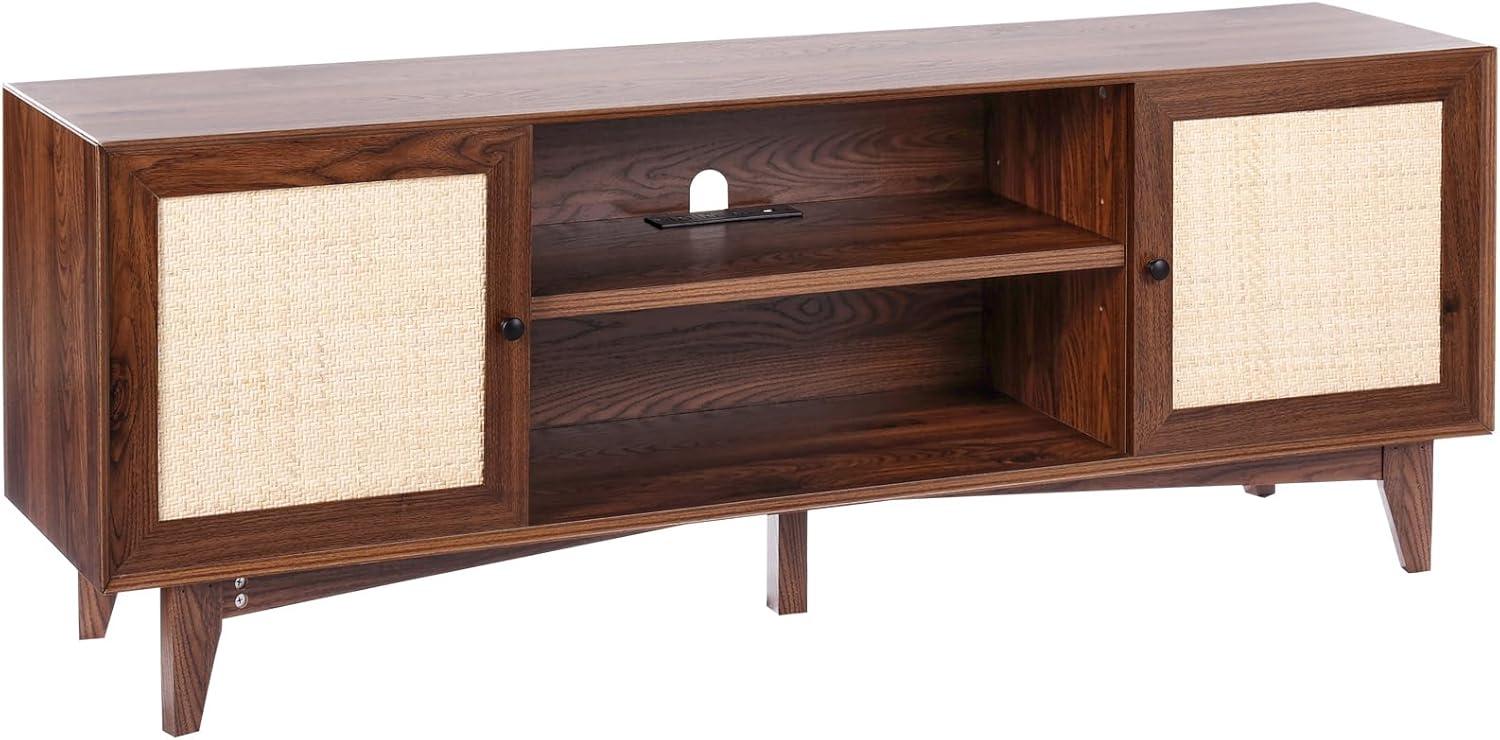 image:imageVEVOR Rattan TV Stand Mid Century Modern TV Stand for 75 inch TV Boho Rattan TV Cabinet with Buildin Socket and USB Ports Adjustable Shelfs for Living Room Media Room OakWalnut