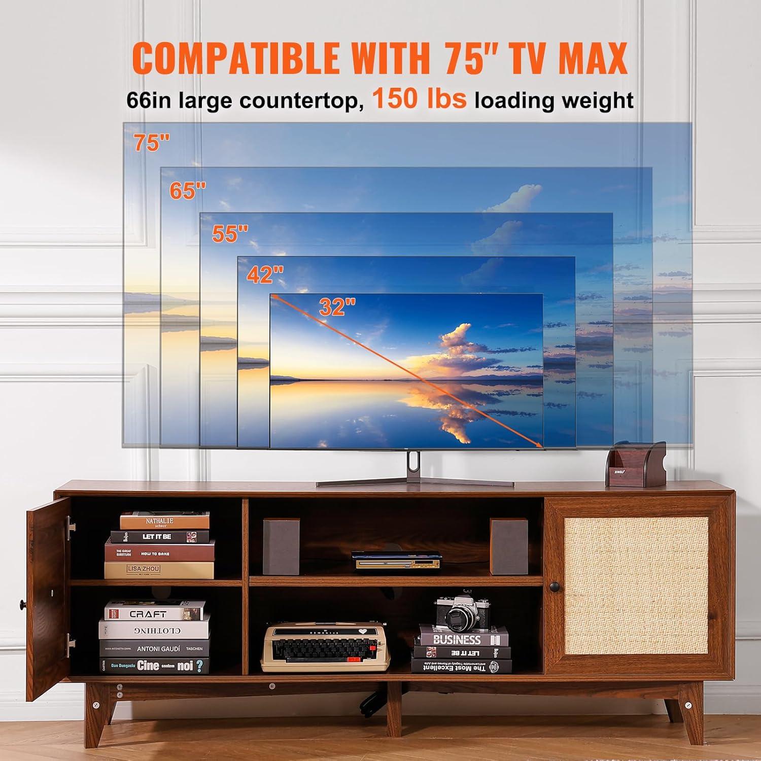 image:imageVEVOR Rattan TV Stand Mid Century Modern TV Stand for 75 inch TV Boho Rattan TV Cabinet with Buildin Socket and USB Ports Adjustable Shelfs for Living Room Media Room OakWalnut