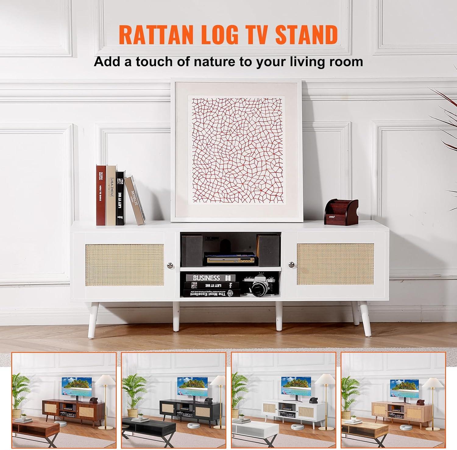 image:imageVEVOR Rattan TV Stand Mid Century Modern TV Stand for 75 inch TV Boho Rattan TV Cabinet with Buildin Socket and USB Ports Adjustable Shelfs for Living Room Media Room OakWhite